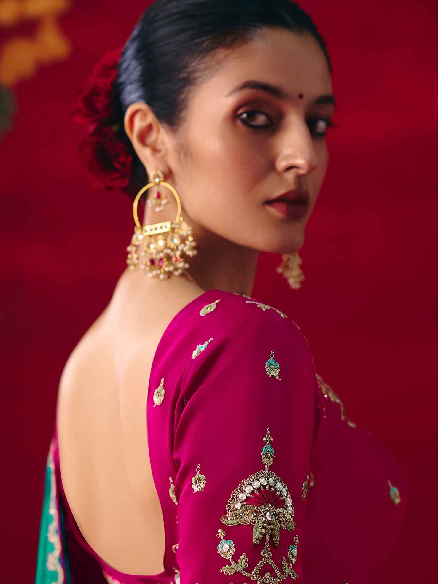 Teal Green Fancy Embroidered Saree with Sequins Butti &amp; Heavy Border