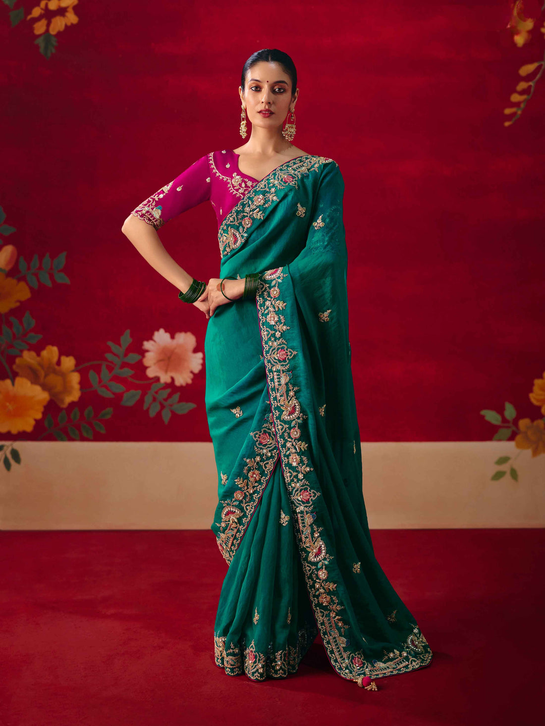 Teal Green Fancy Embroidered Saree with Sequins Butti &amp; Heavy Border