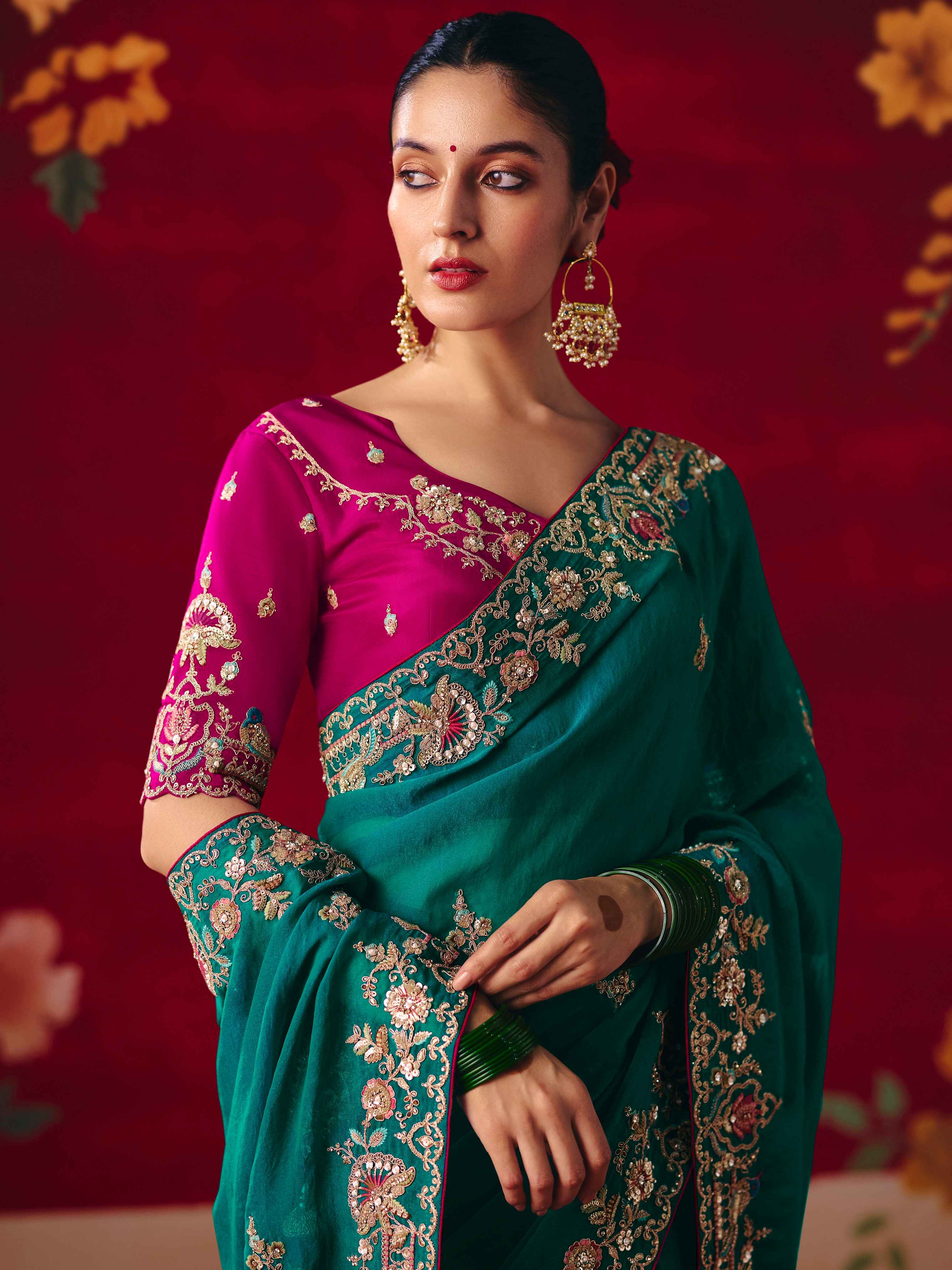 Teal Green Fancy Embroidered Saree with Sequins Butti & Heavy Border