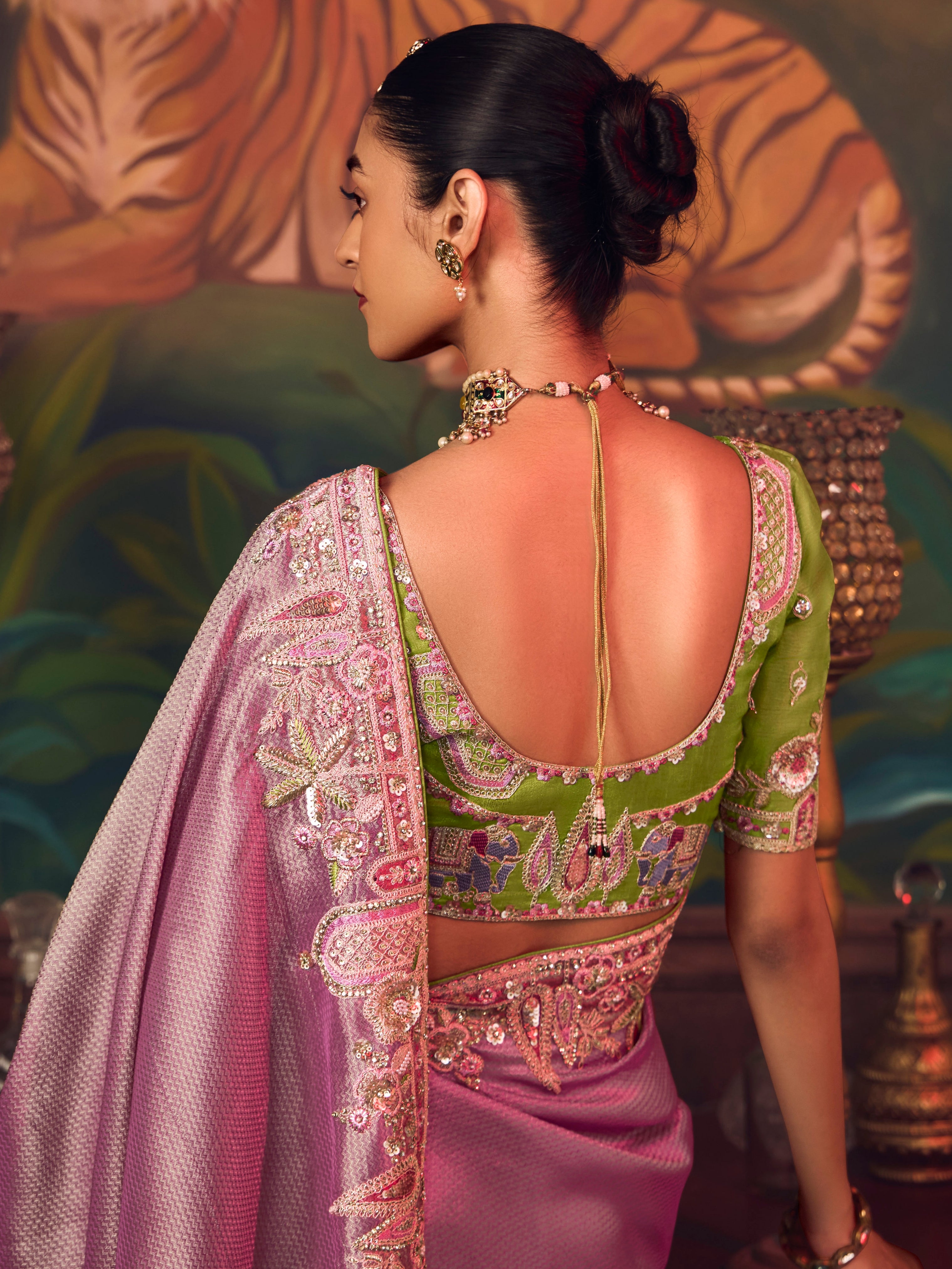 Mauve Pink Silk Saree with Intricate Heavy Embroidery Work