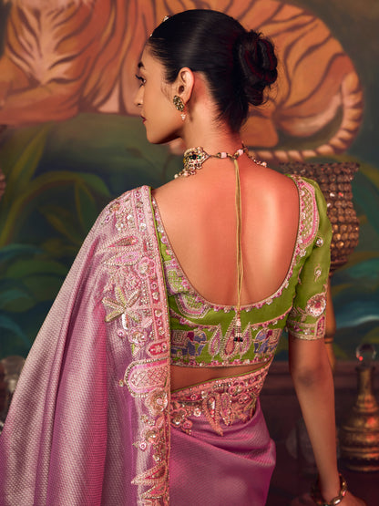 Mauve Pink Silk Saree with Intricate Heavy Embroidery Work