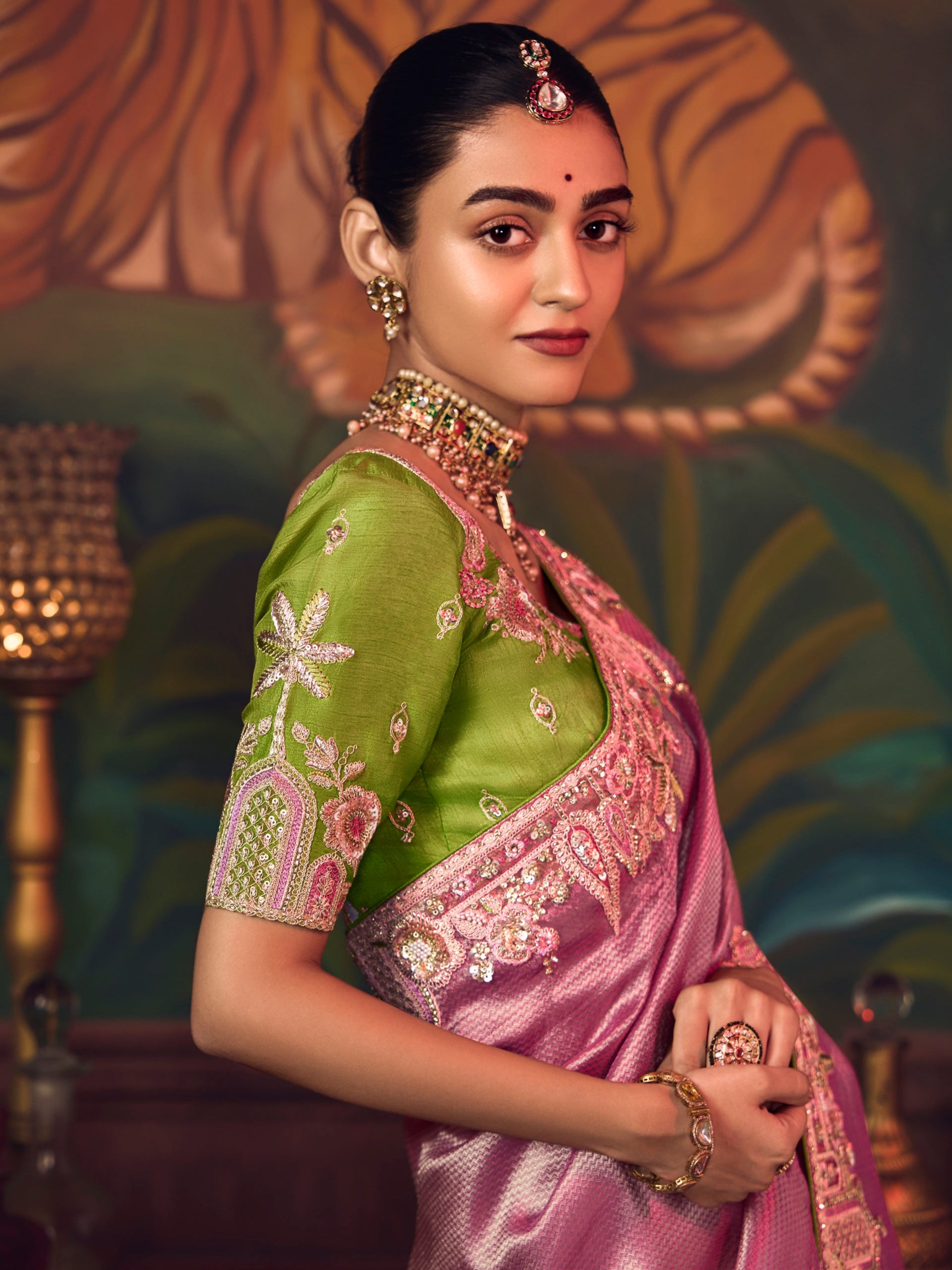 Mauve Pink Silk Saree with Intricate Heavy Embroidery Work