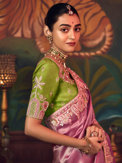 Mauve Pink Silk Saree with Intricate Heavy Embroidery Work