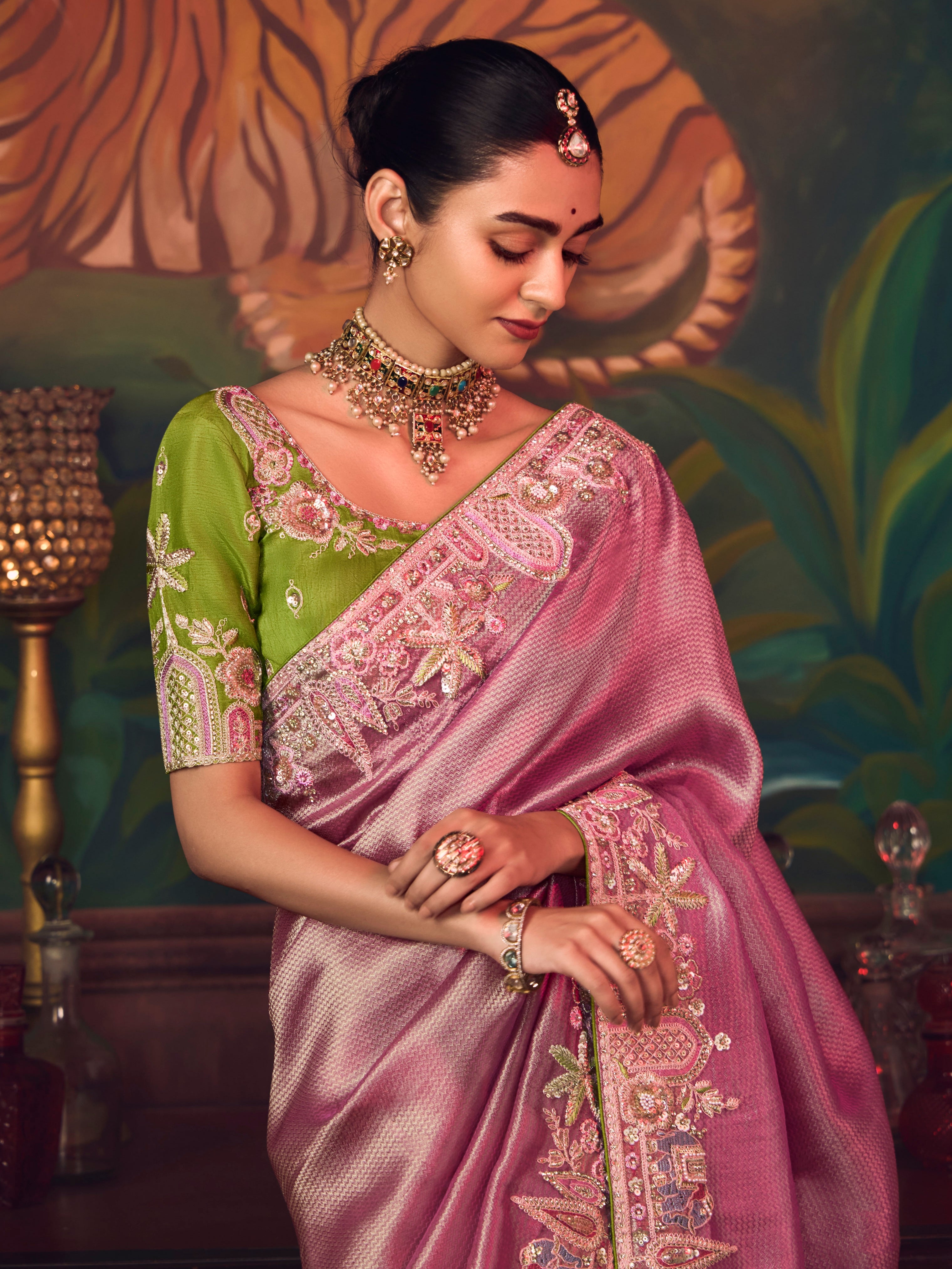 Mauve Pink Silk Saree with Intricate Heavy Embroidery Work