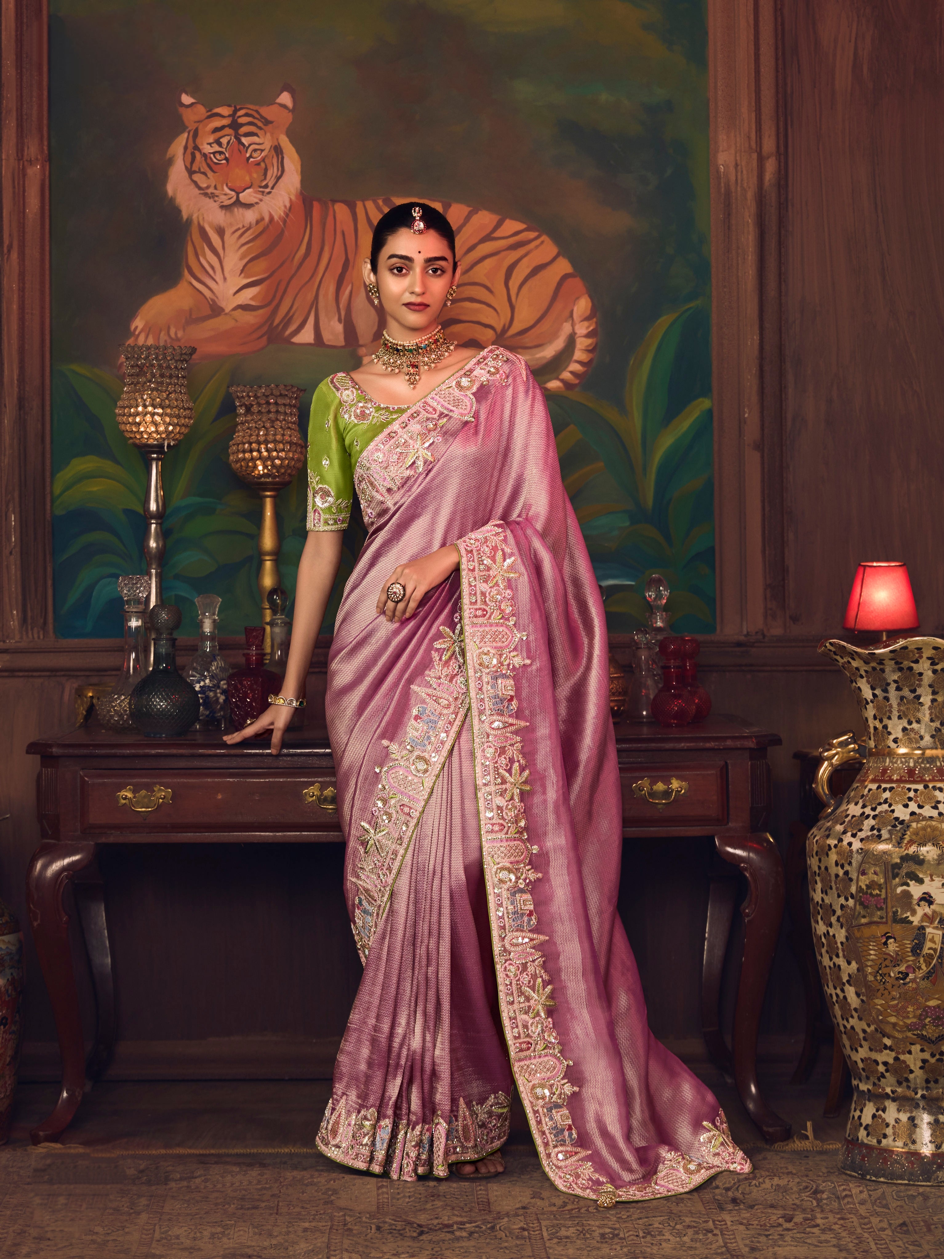 Mauve Pink Silk Saree with Intricate Heavy Embroidery Work