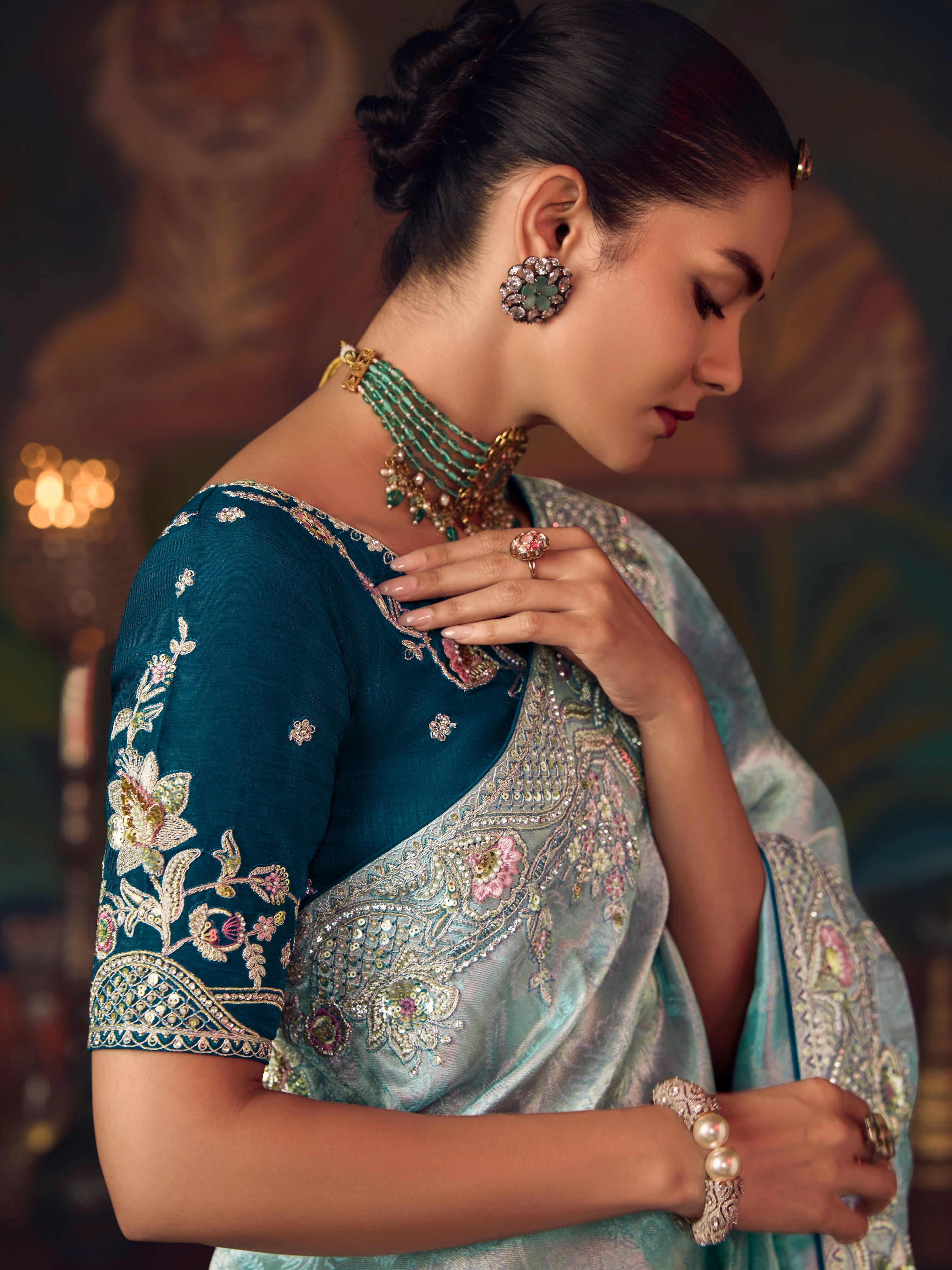 Ice Blue Silk Saree with Heavy Floral Embroidery &amp; Designer Border