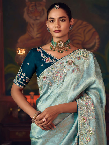 Ice Blue Silk Saree with Heavy Floral Embroidery &amp; Designer Border