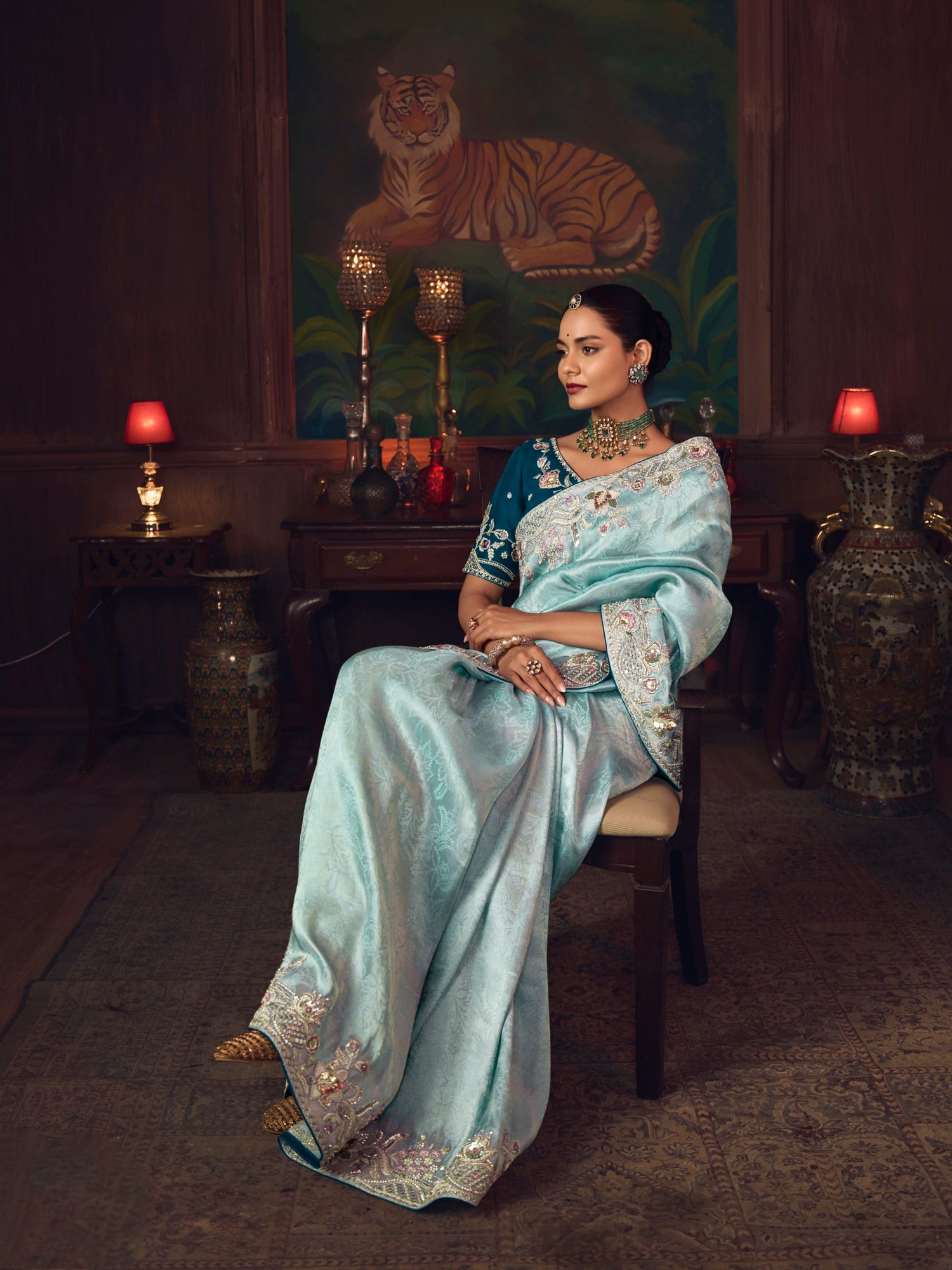 Ice Blue Silk Saree with Heavy Floral Embroidery &amp; Designer Border
