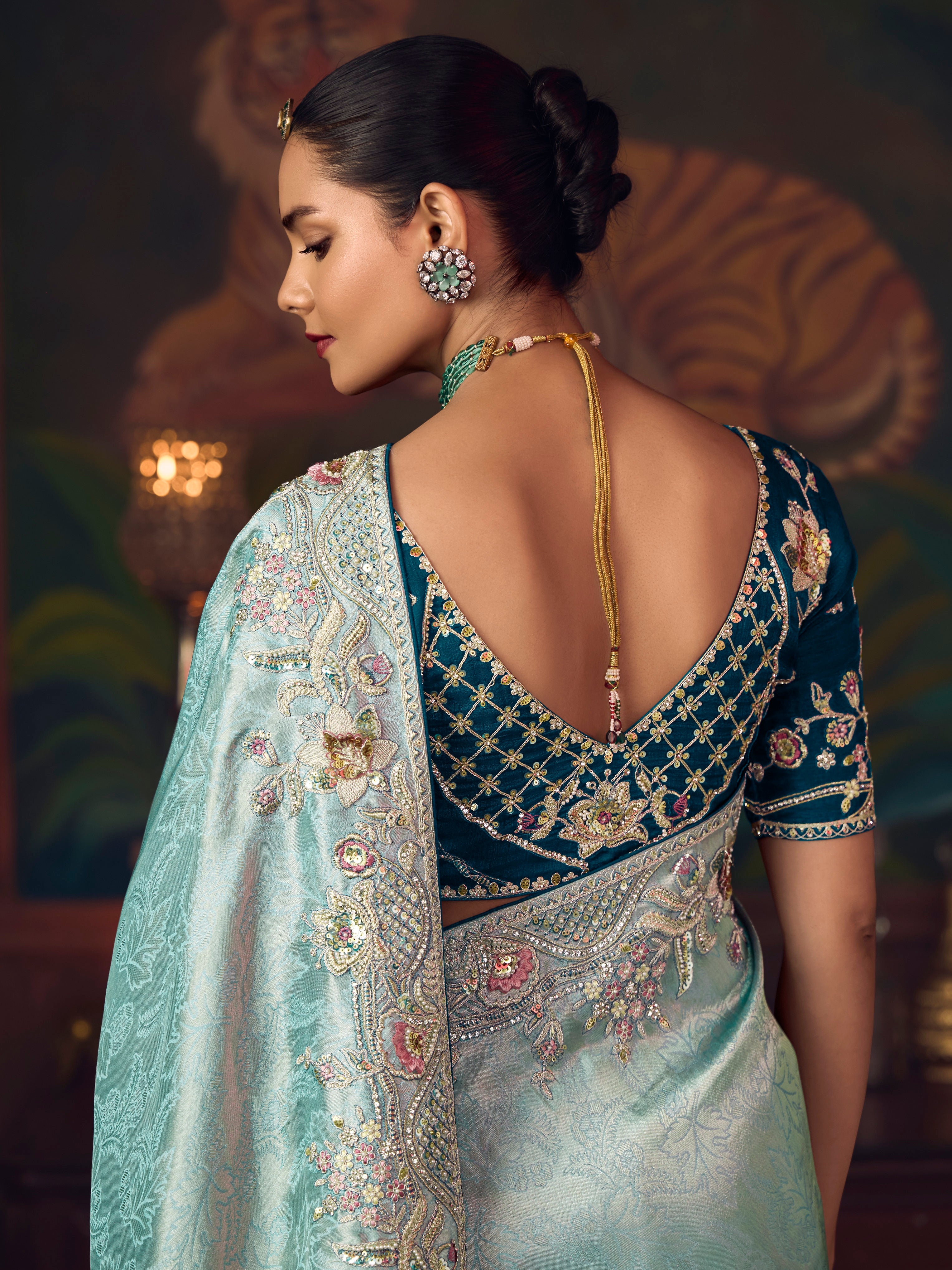 Ice Blue Silk Saree with Heavy Floral Embroidery &amp; Designer Border