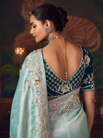 Ice Blue Silk Saree with Heavy Floral Embroidery &amp; Designer Border