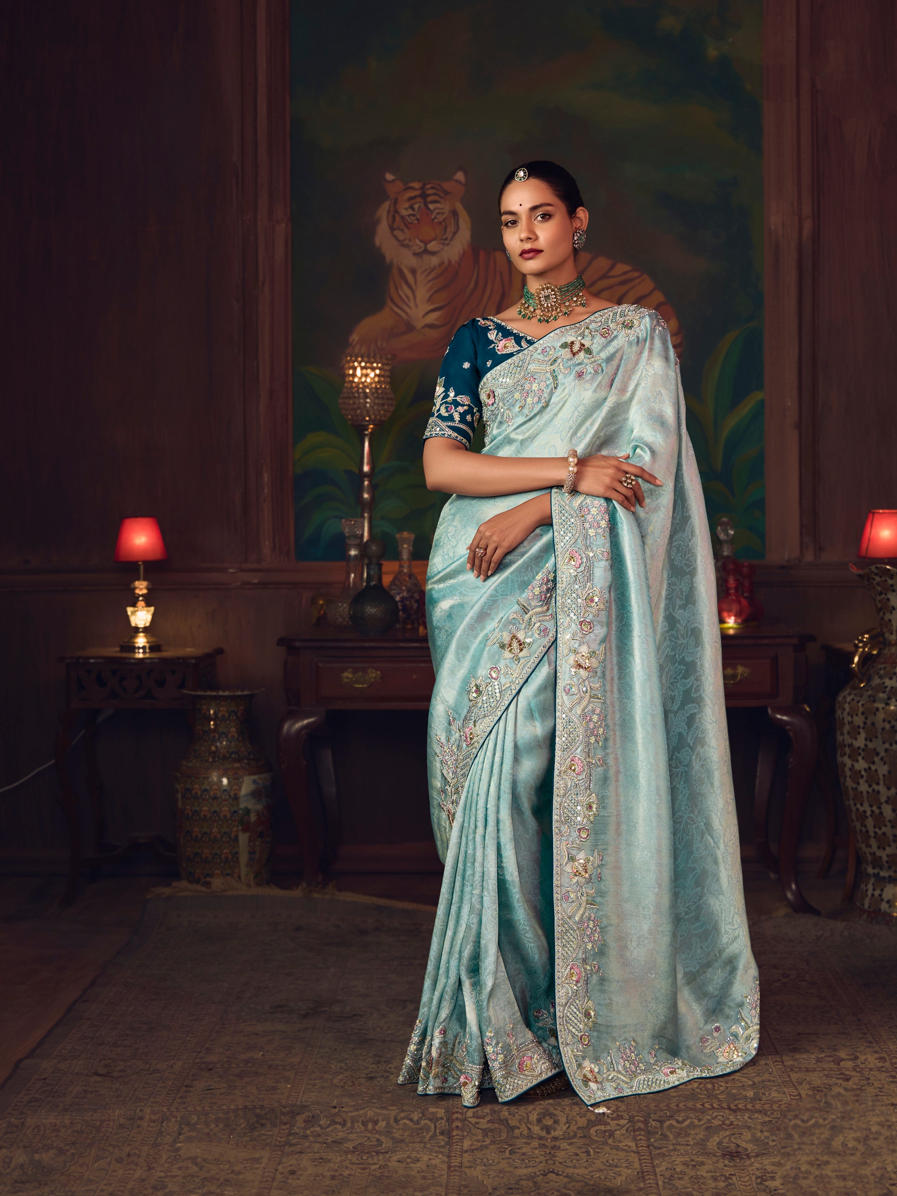 Ice Blue Silk Saree with Heavy Floral Embroidery &amp; Designer Border