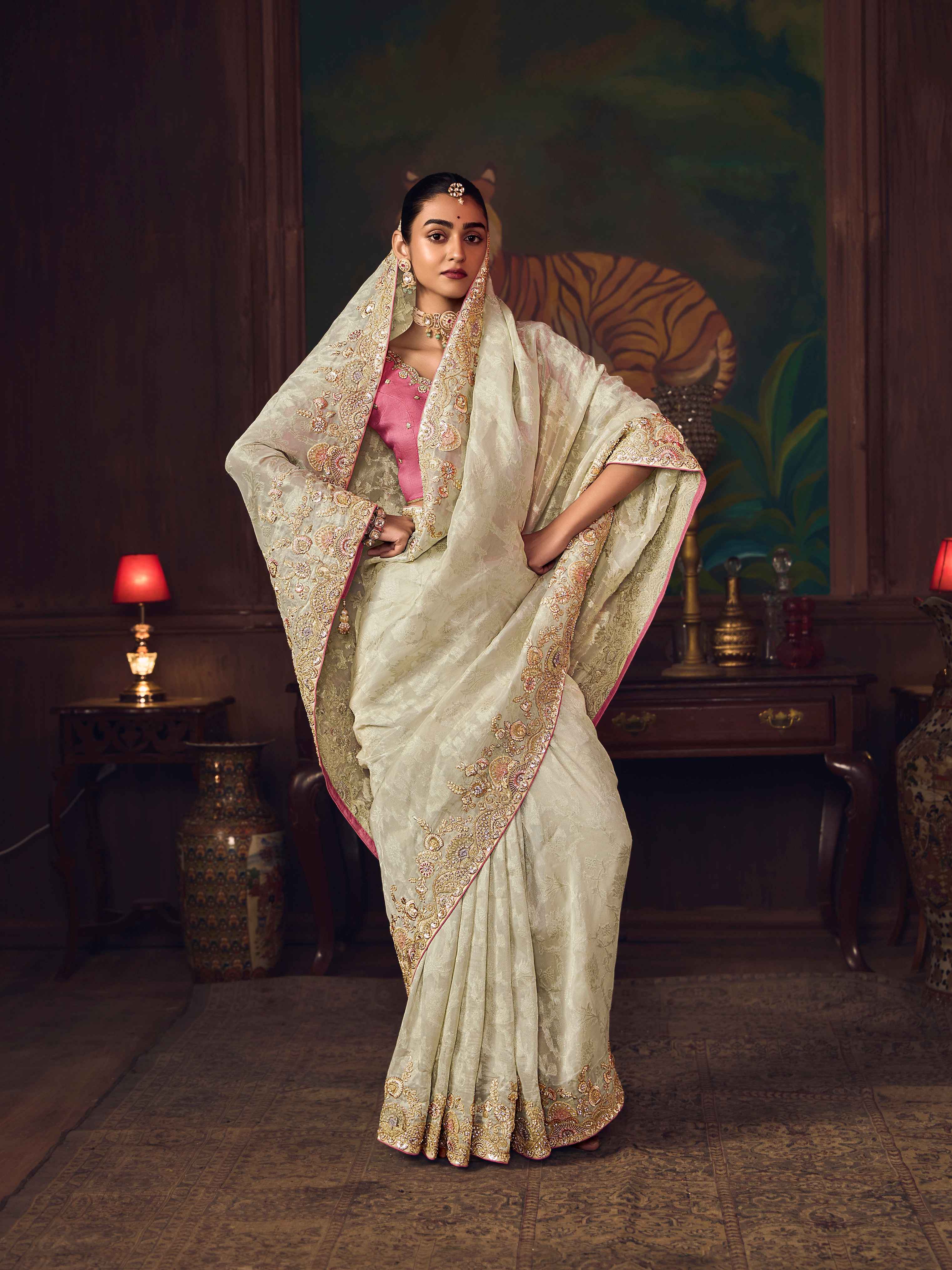 Ivory Cream Silk Saree with Elegant Heavy Embroidery
