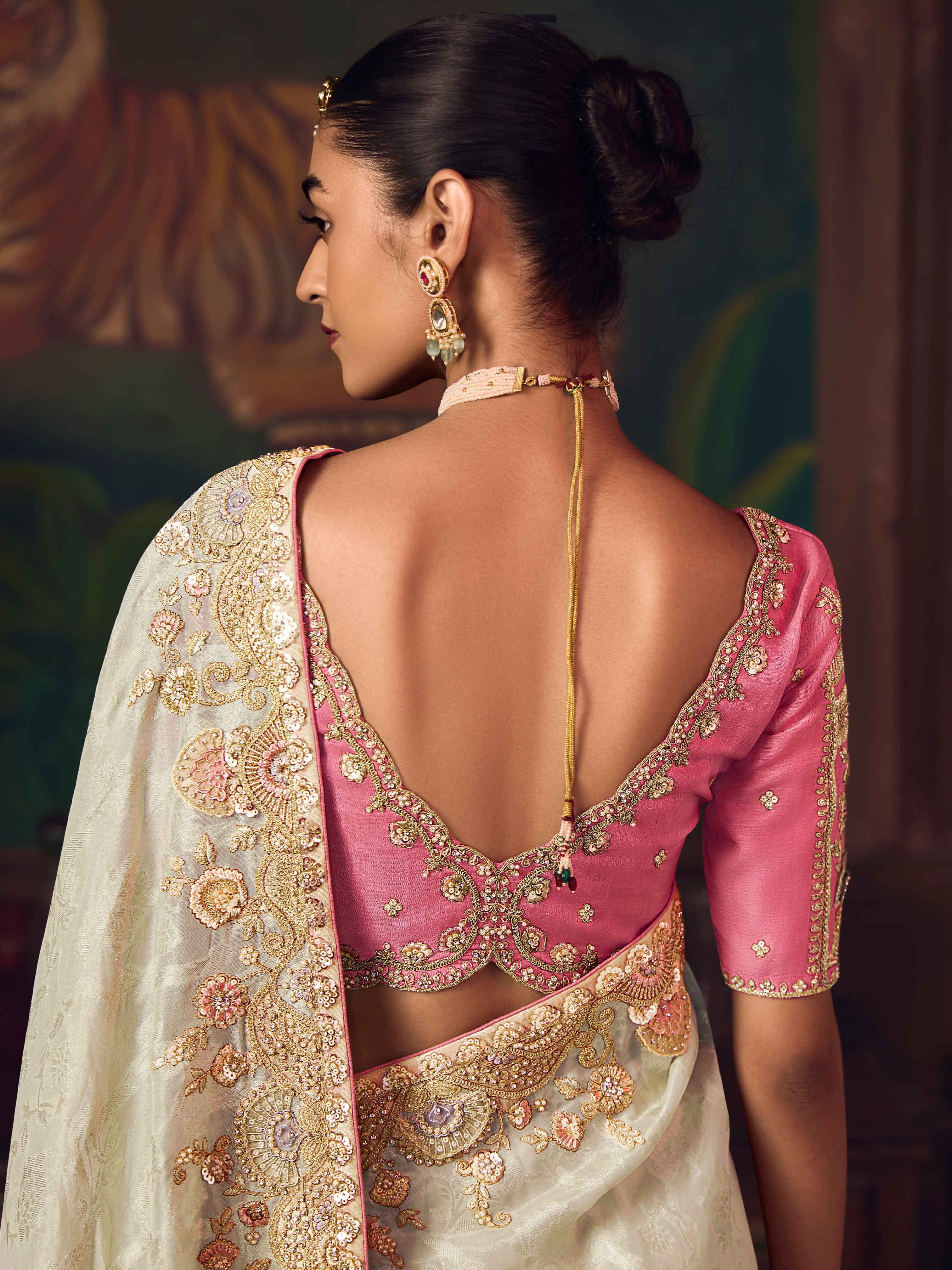 Ivory Cream Silk Saree with Elegant Heavy Embroidery