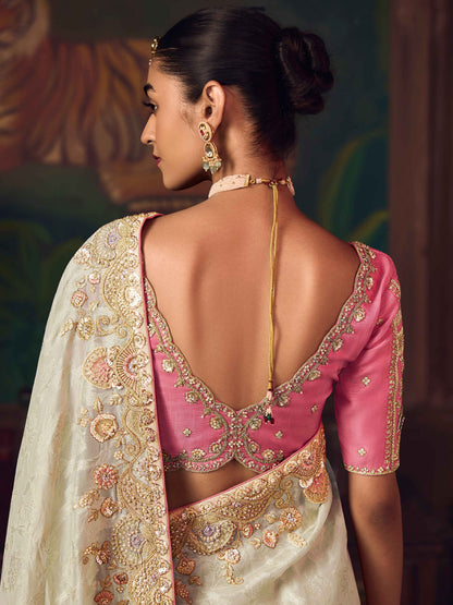 Ivory Cream Silk Saree with Elegant Heavy Embroidery