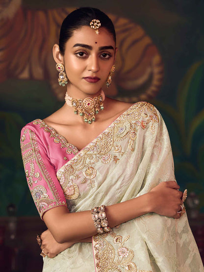 Ivory Cream Silk Saree with Elegant Heavy Embroidery