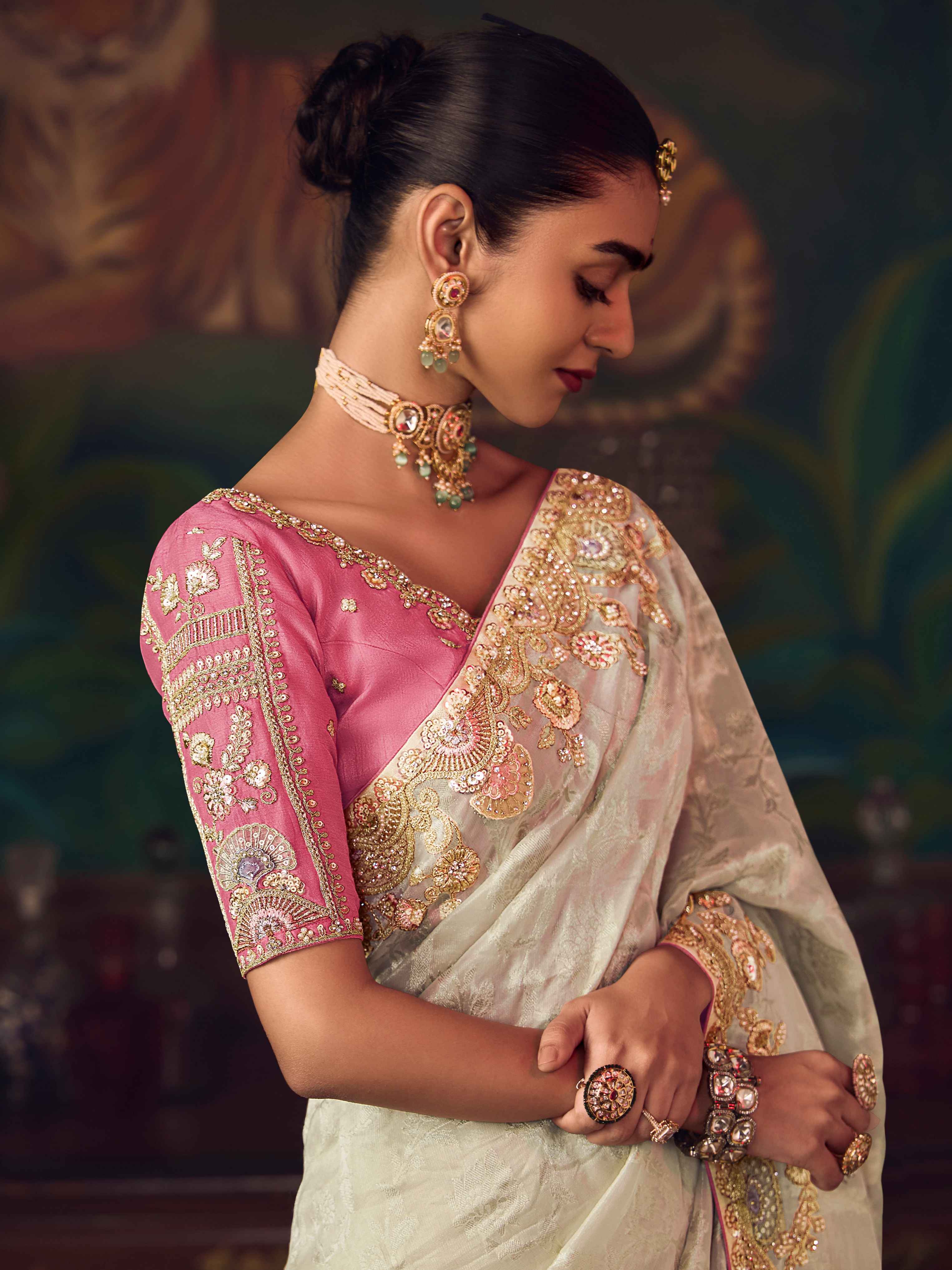 Ivory Cream Silk Saree with Elegant Heavy Embroidery