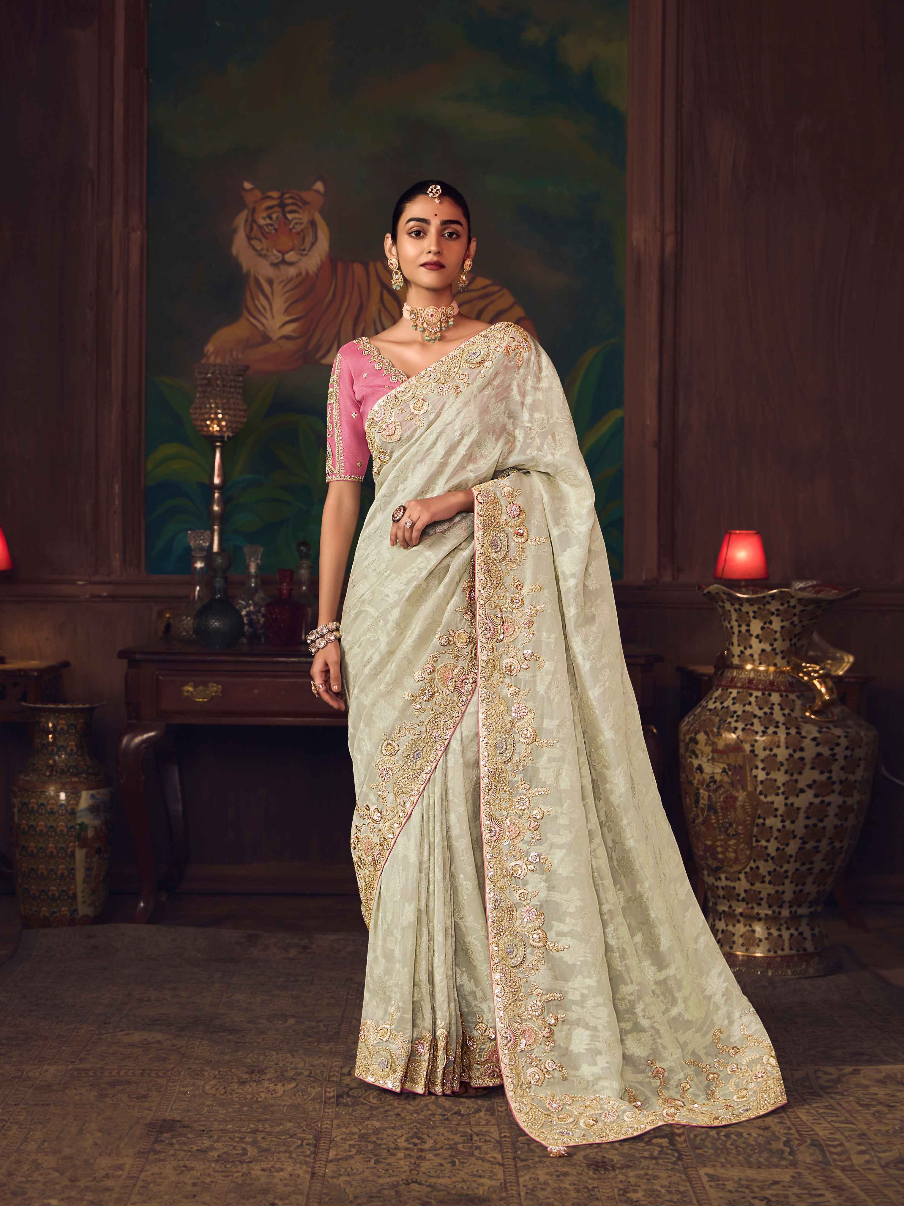 Ivory Cream Silk Saree with Elegant Heavy Embroidery