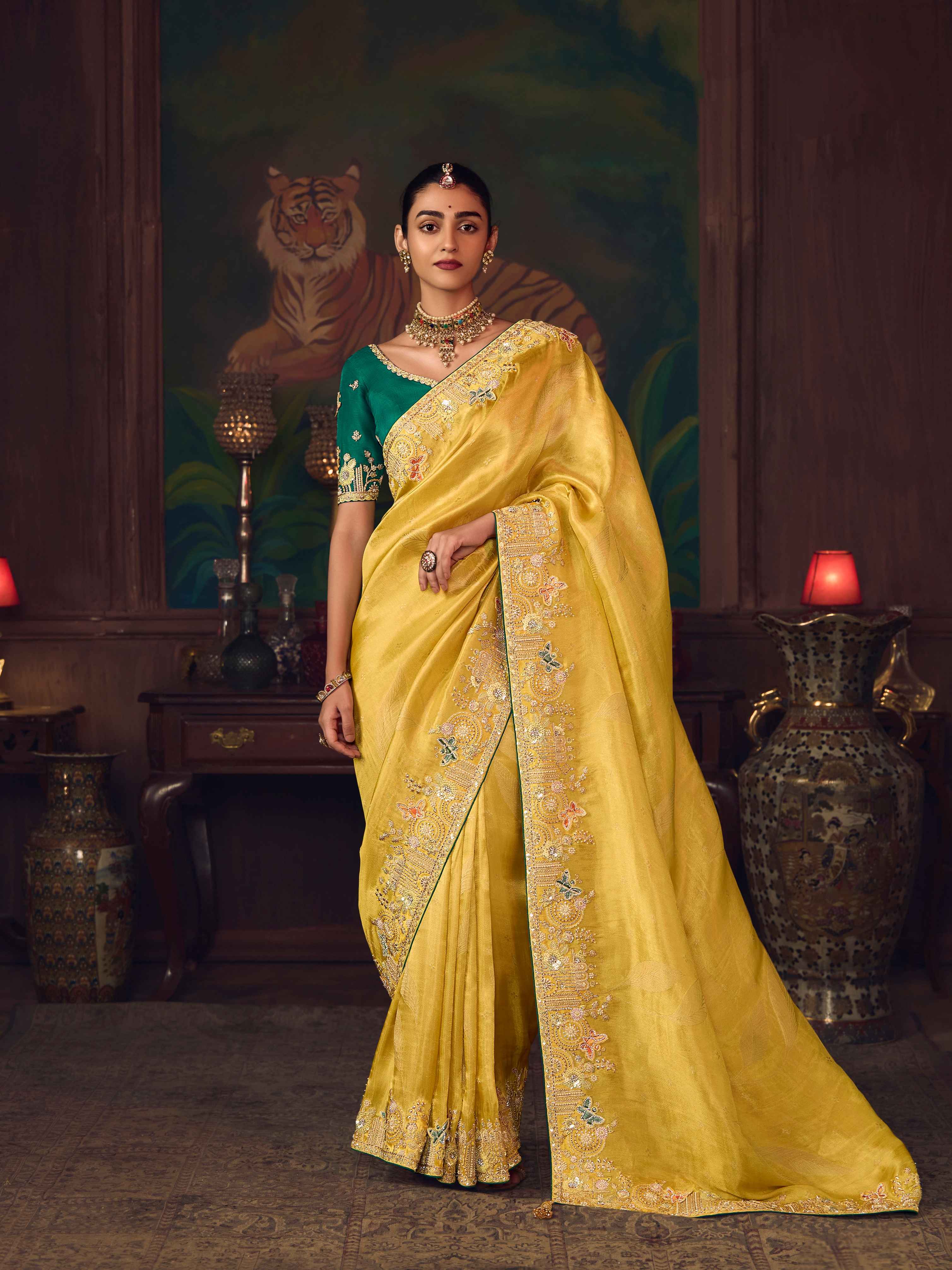 Mustard Yellow Silk Saree with Rich Heavy Embroidery