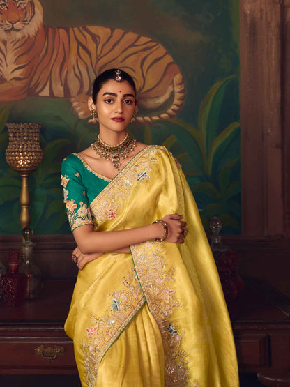 Mustard Yellow Silk Saree with Rich Heavy Embroidery