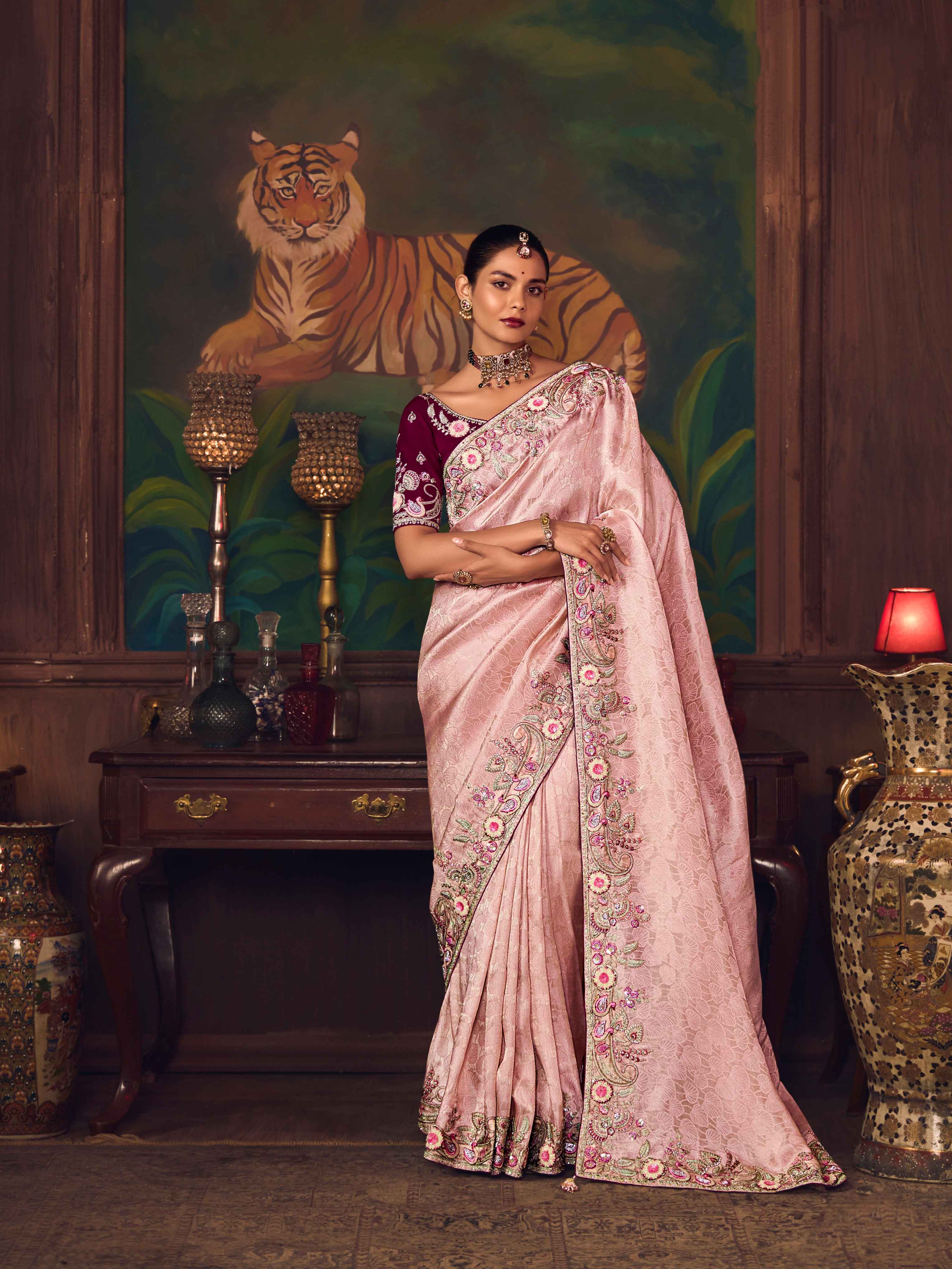 Blush Pink Silk Saree with Delicate Heavy Embroidery