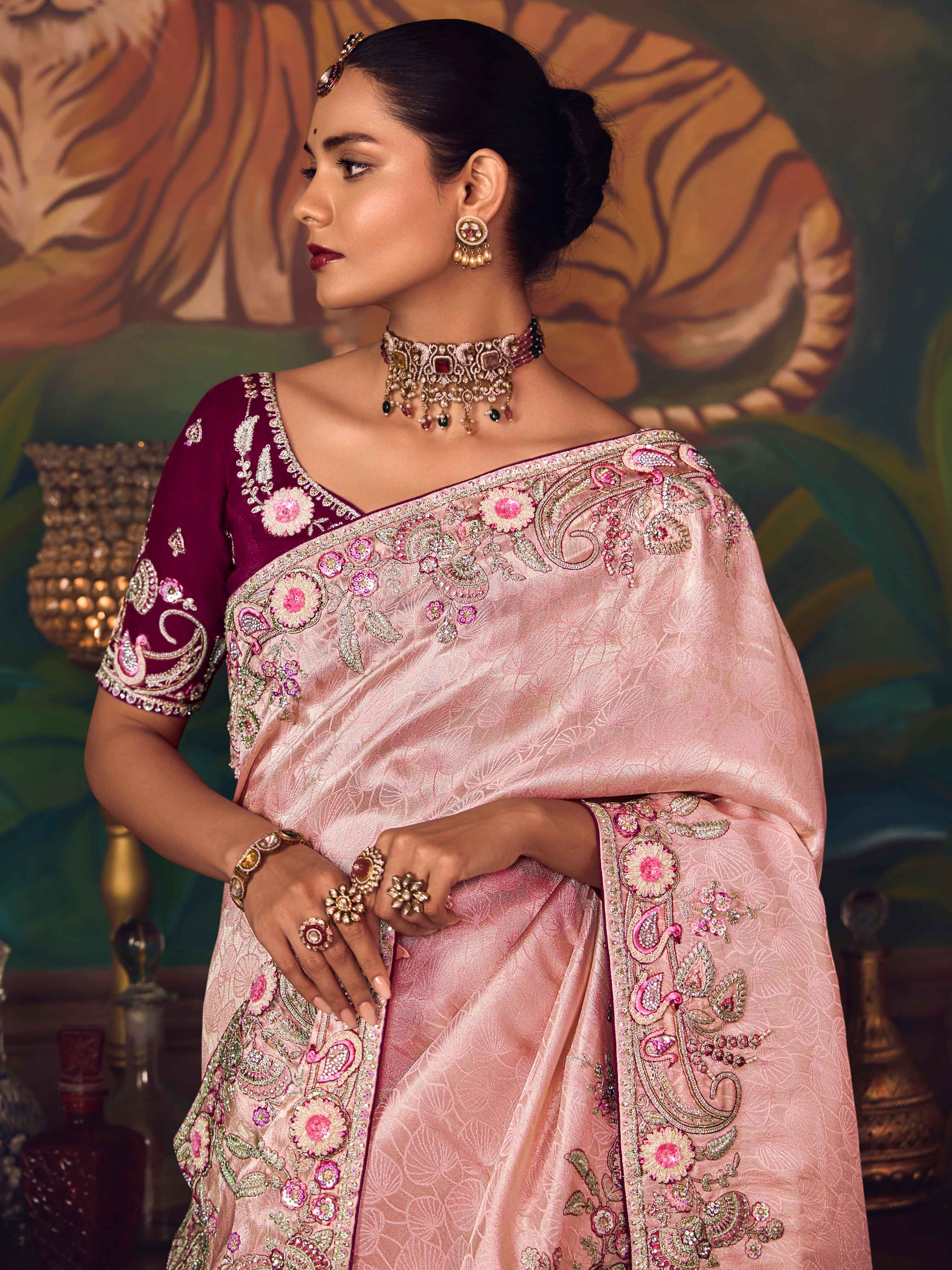 Blush Pink Silk Saree with Delicate Heavy Embroidery