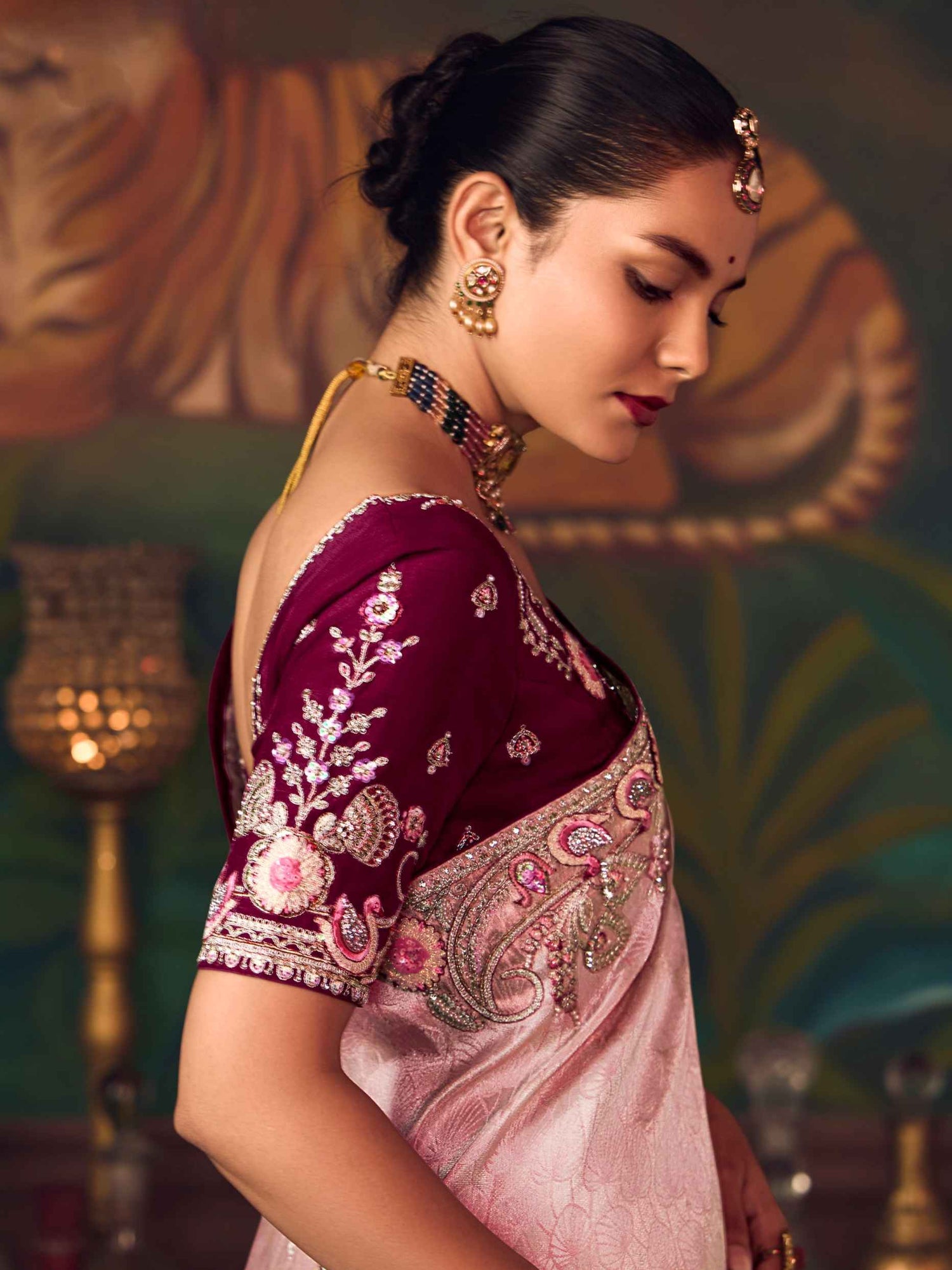 Blush Pink Silk Saree with Delicate Heavy Embroidery
