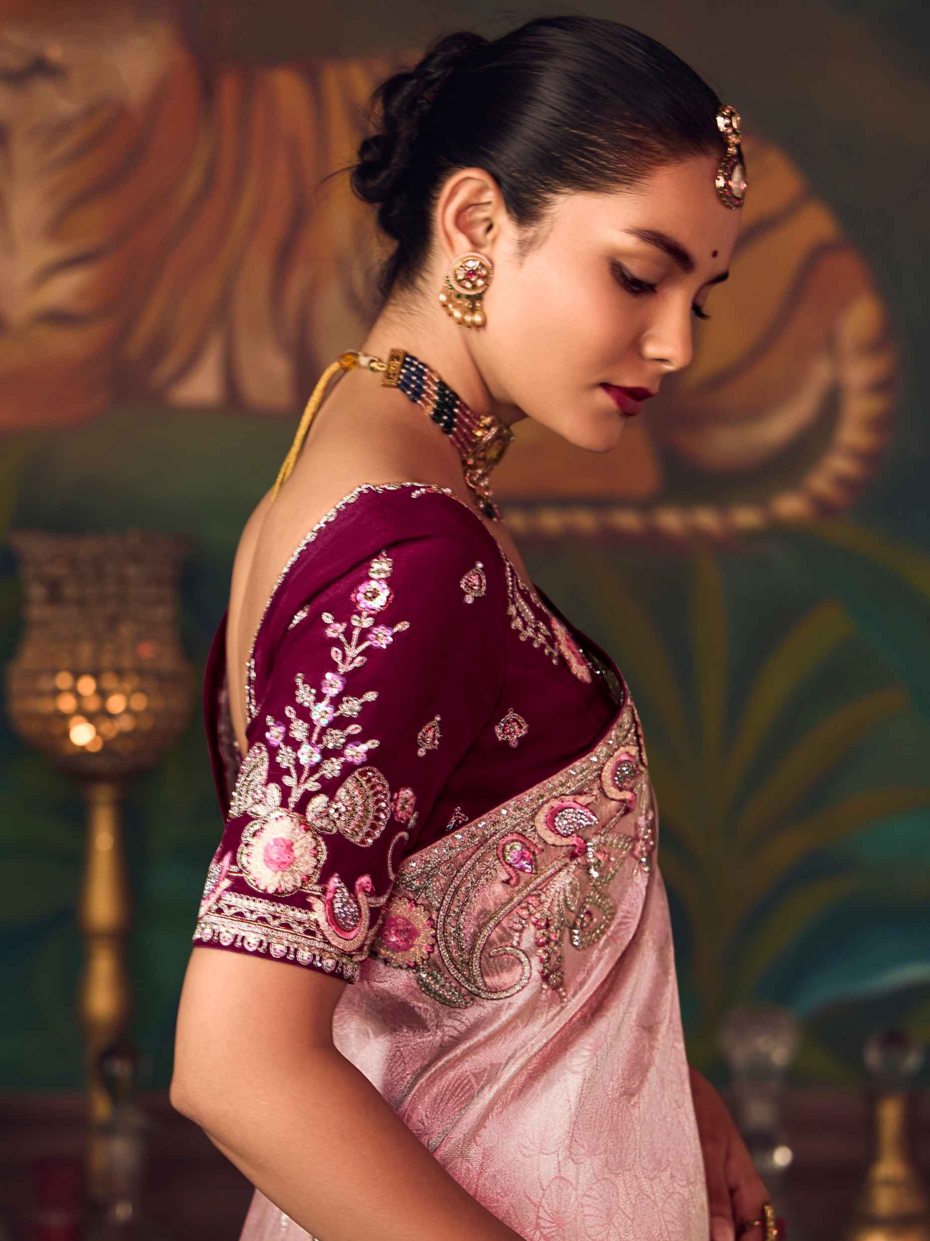 Blush Pink Silk Saree with Delicate Heavy Embroidery