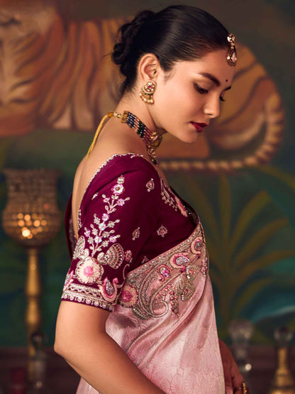 Blush Pink Silk Saree with Delicate Heavy Embroidery