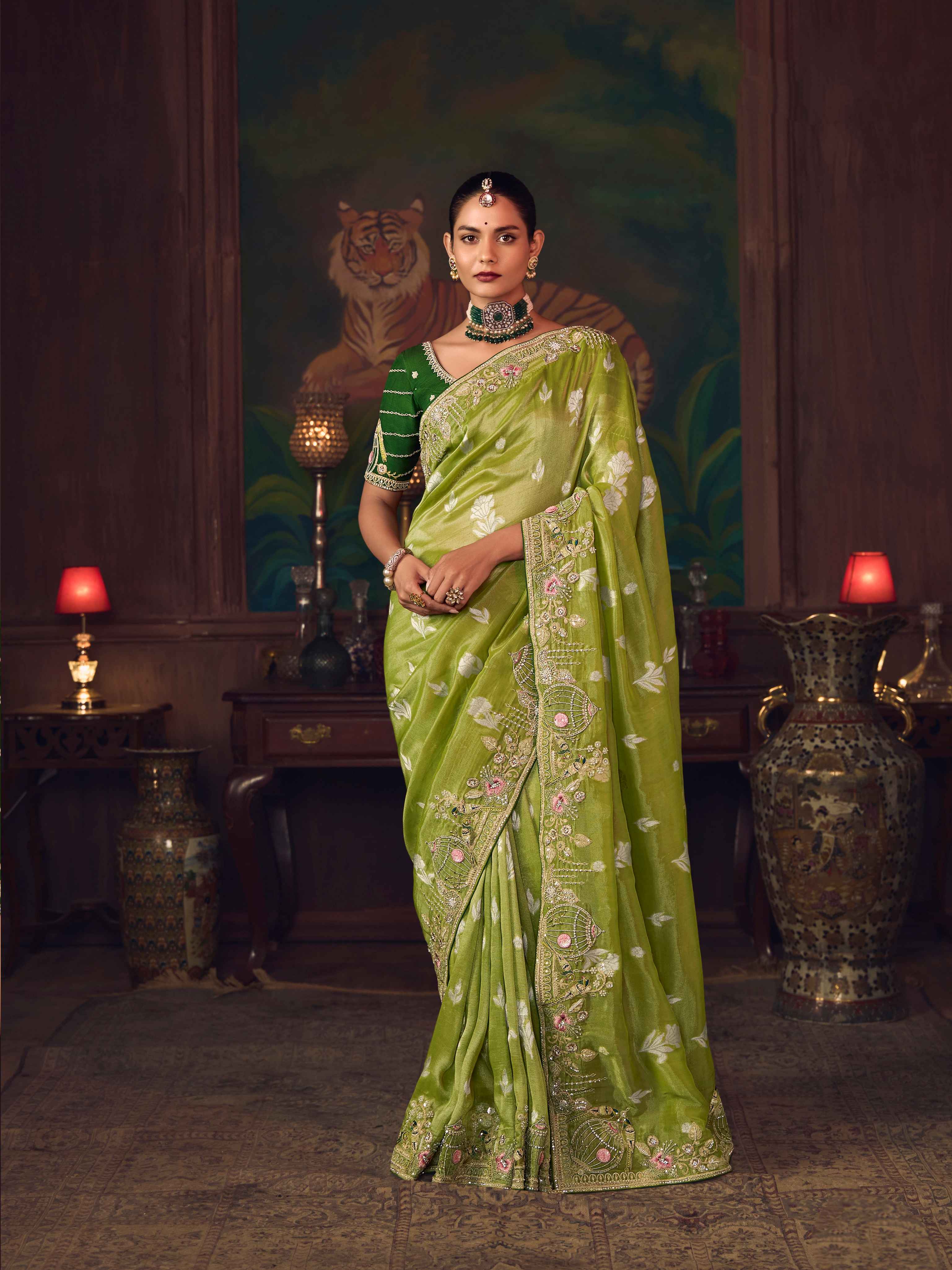 Parrot Green Silk Saree with Heavy Traditional Embroidery