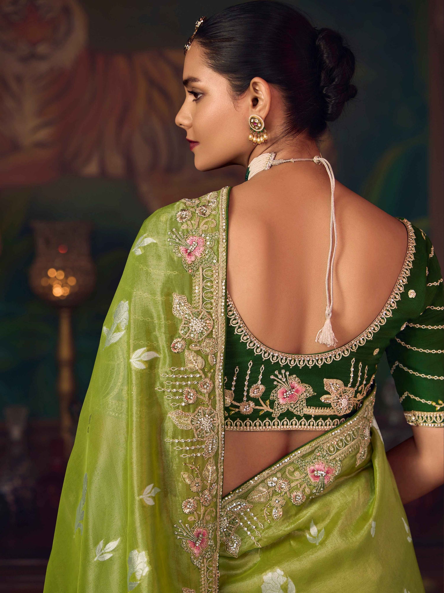 Parrot Green Silk Saree with Heavy Traditional Embroidery