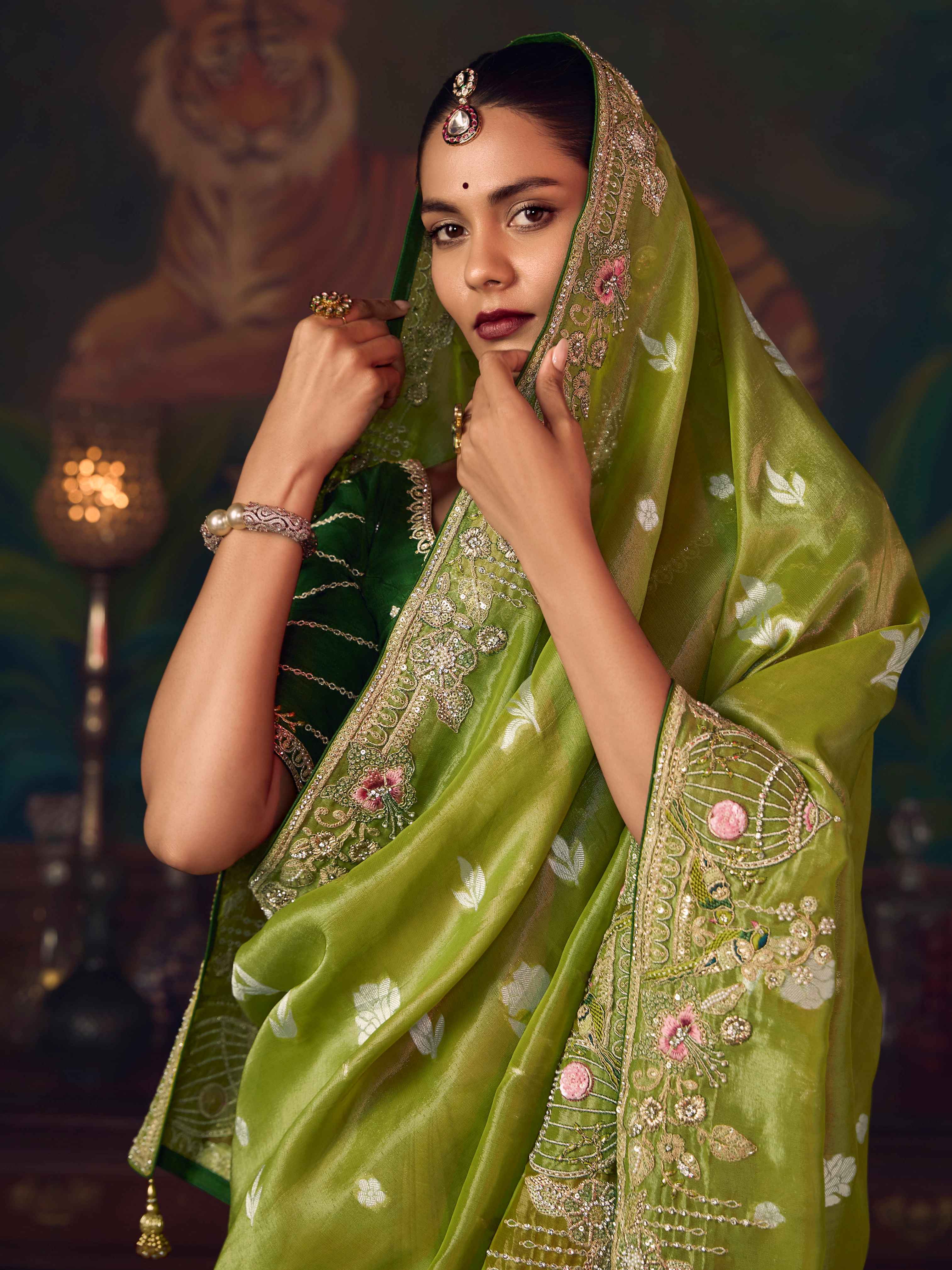 Parrot Green Silk Saree with Heavy Traditional Embroidery