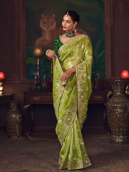Parrot Green Silk Saree with Heavy Traditional Embroidery