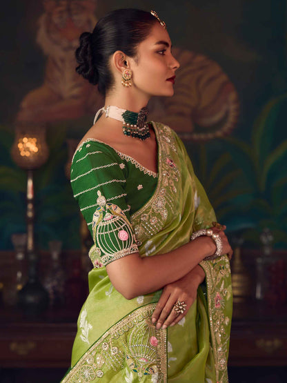 Parrot Green Silk Saree with Heavy Traditional Embroidery