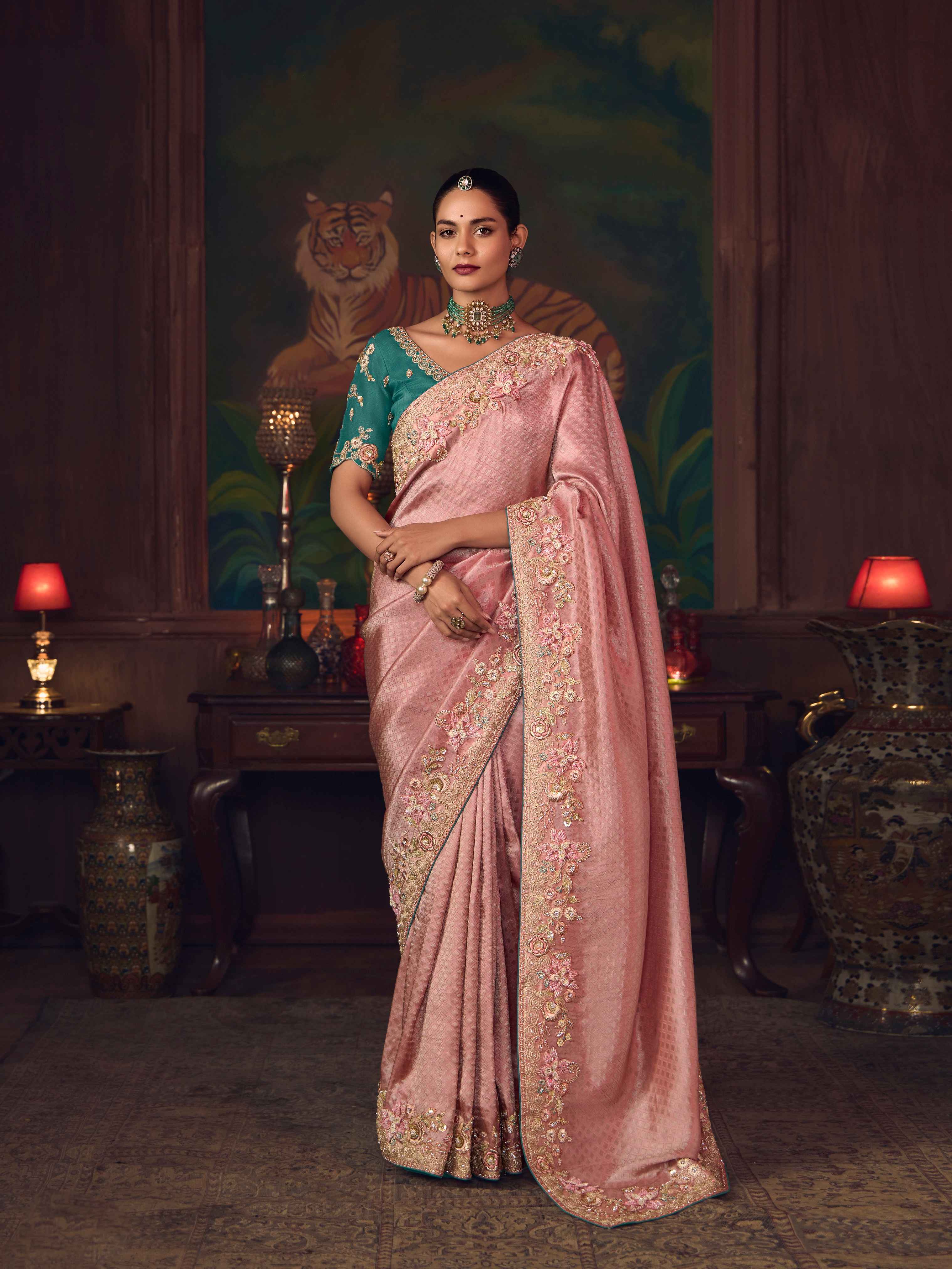 Dusty Rose Silk Saree with Heavy Embroidered Border