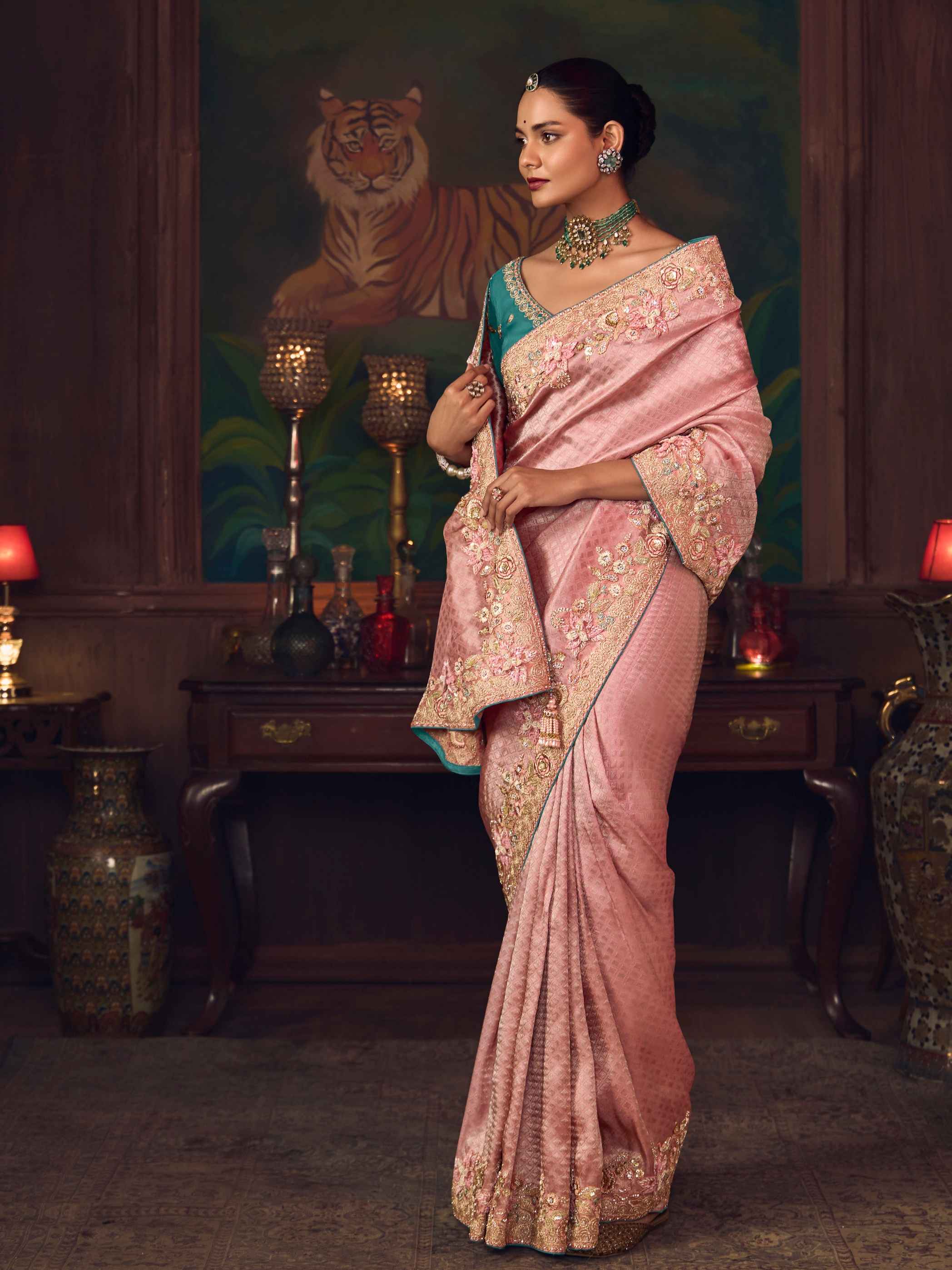 Dusty Rose Silk Saree with Heavy Embroidered Border