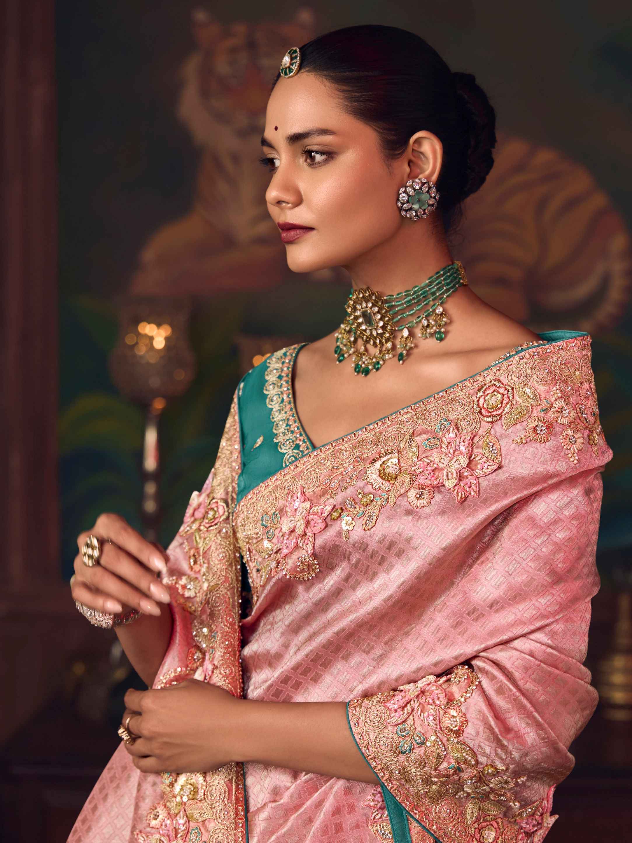 Dusty Rose Silk Saree with Heavy Embroidered Border