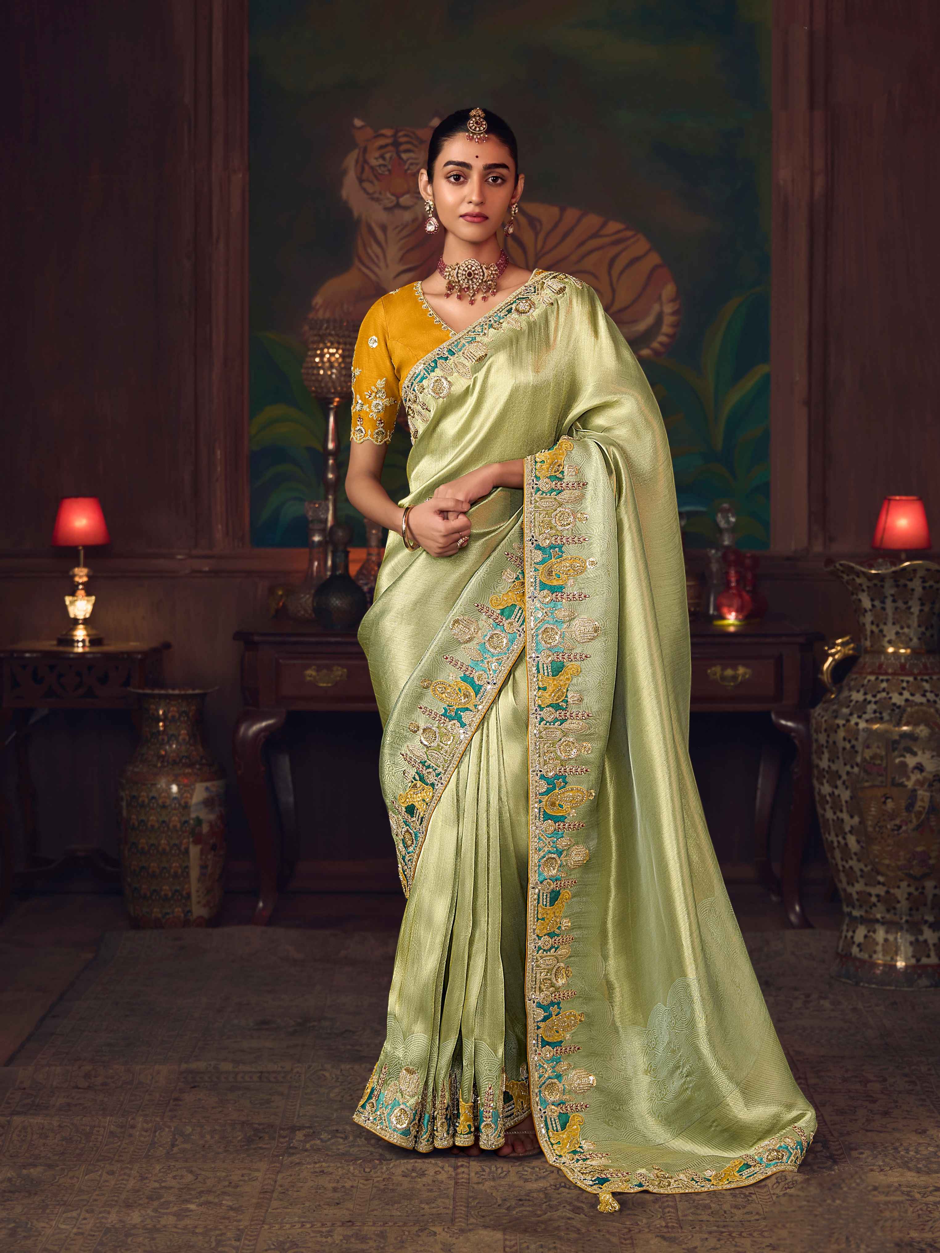 Pista Green Silk Saree with Luxury Heavy Embroidery