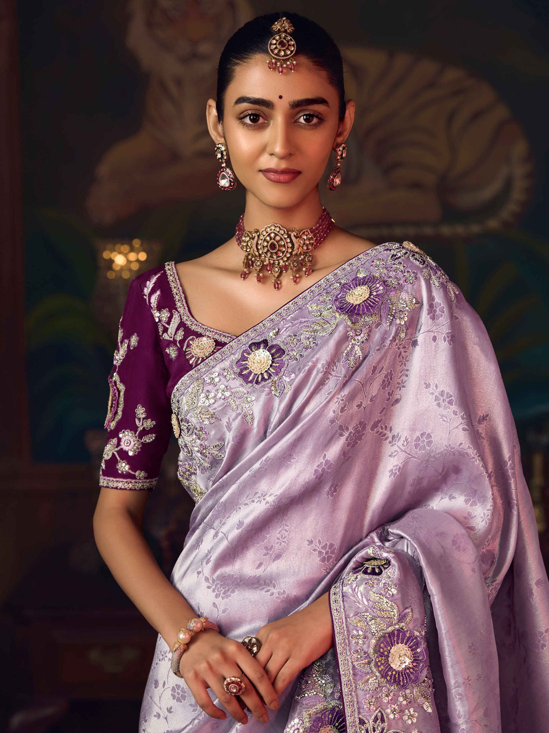 Lavender Silk Saree with Artistic Heavy Embroidery