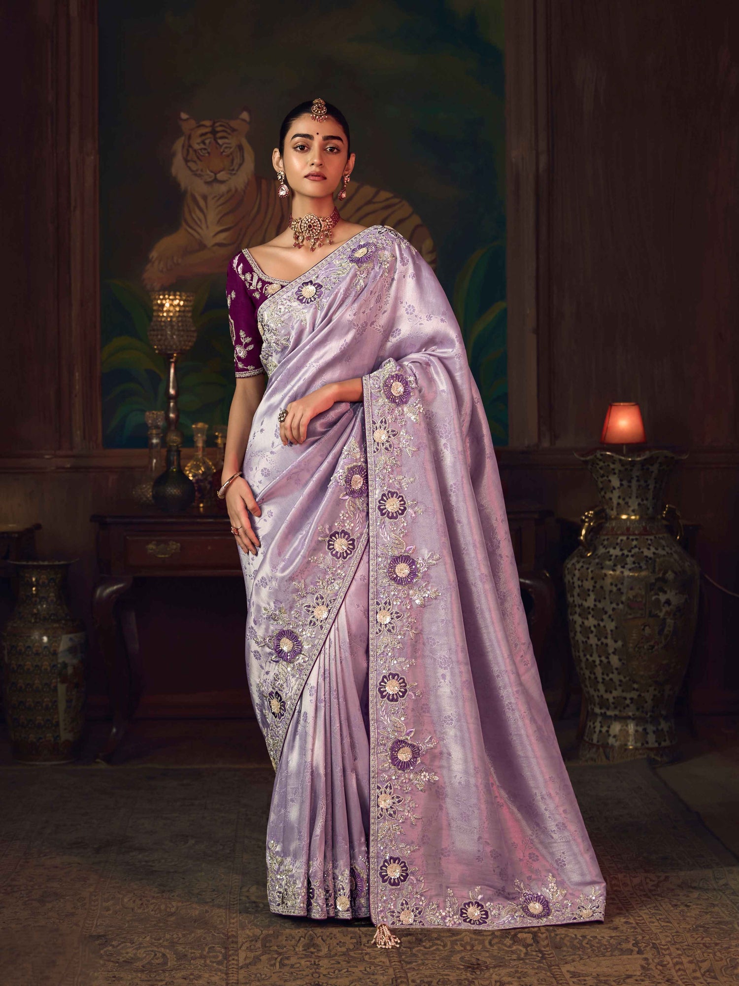 Lavender Silk Saree with Artistic Heavy Embroidery