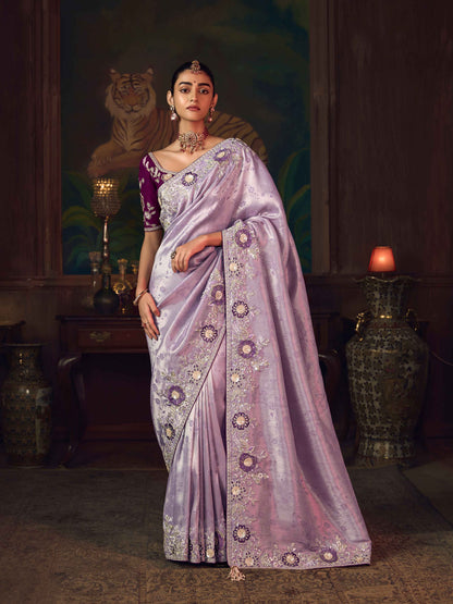 Lavender Silk Saree with Artistic Heavy Embroidery