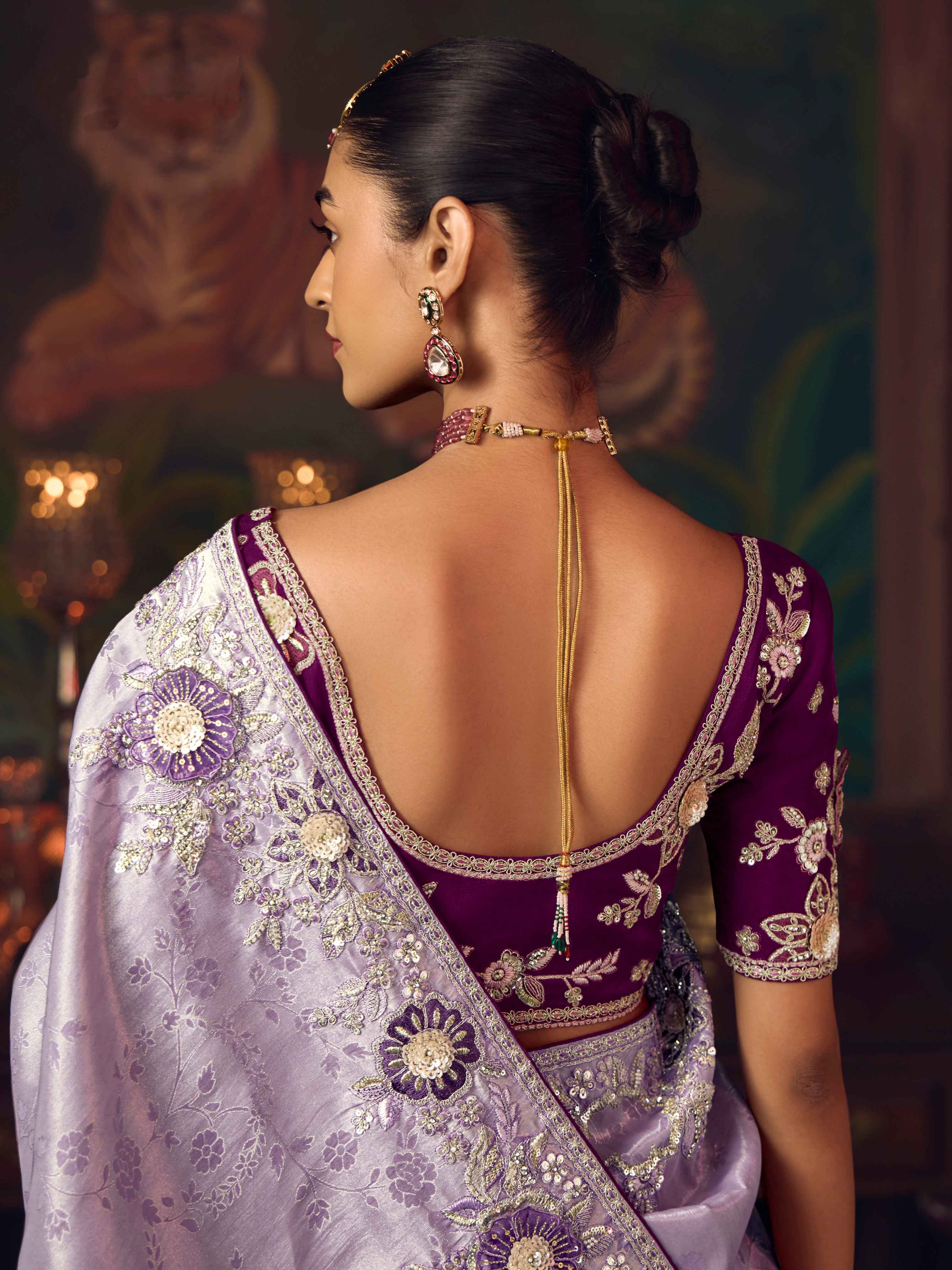 Lavender Silk Saree with Artistic Heavy Embroidery