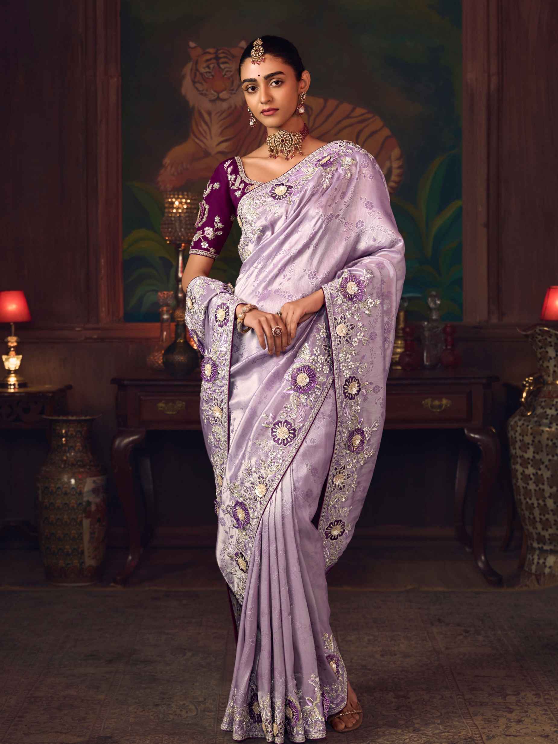 Lavender Silk Saree with Artistic Heavy Embroidery