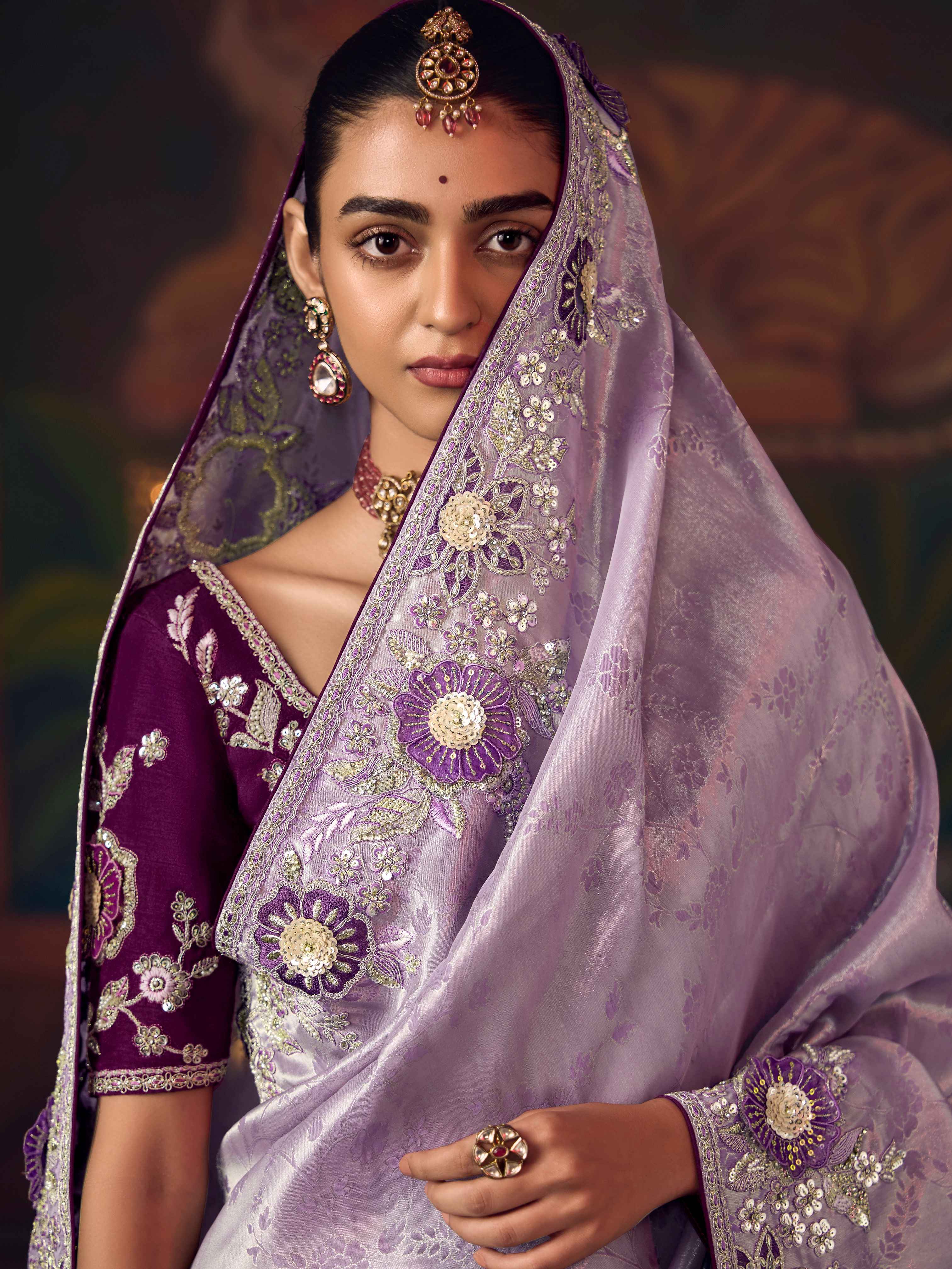 Lavender Silk Saree with Artistic Heavy Embroidery