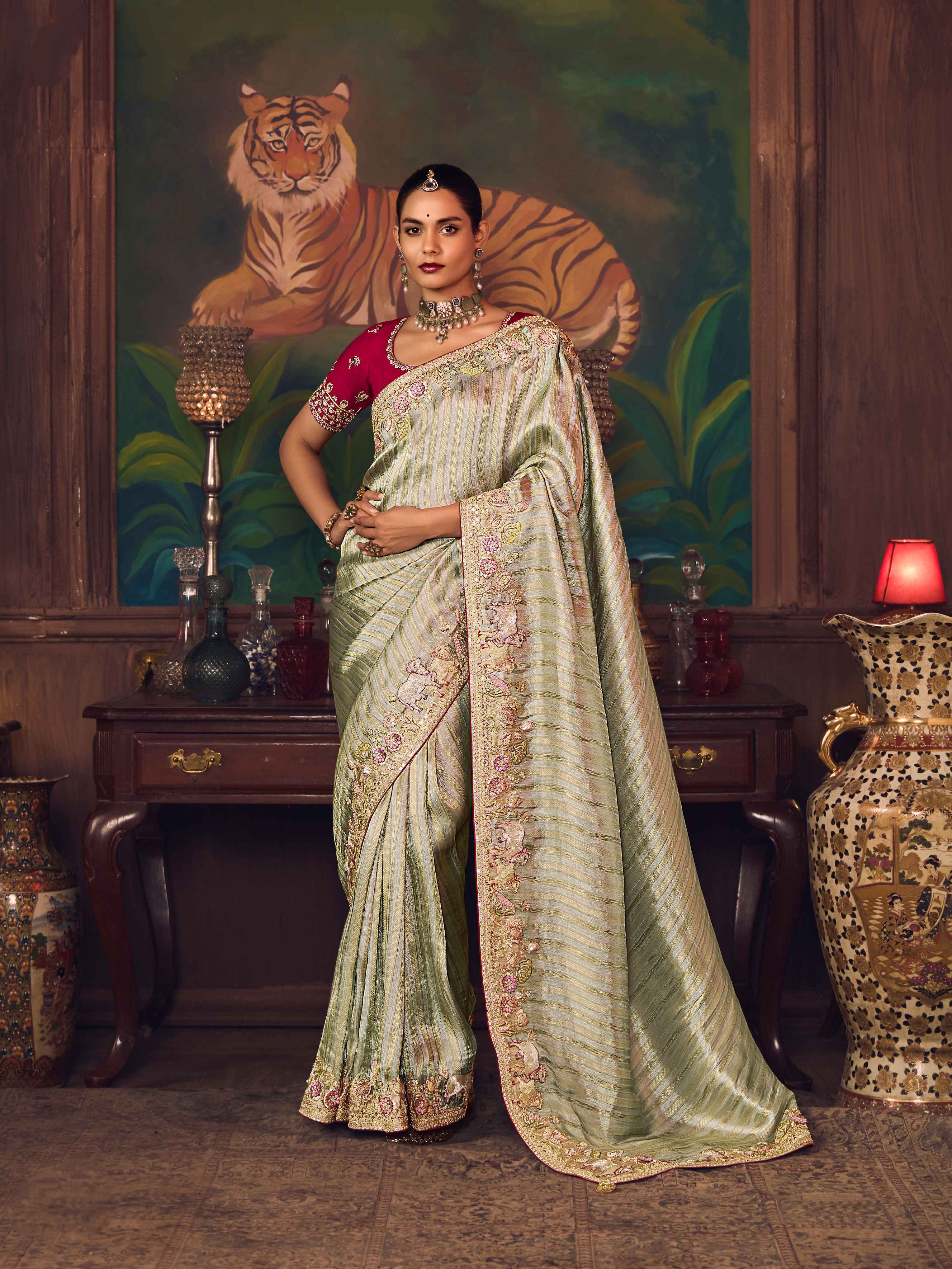 Beige Gold Silk Saree with Heavy Embroidered Detailing