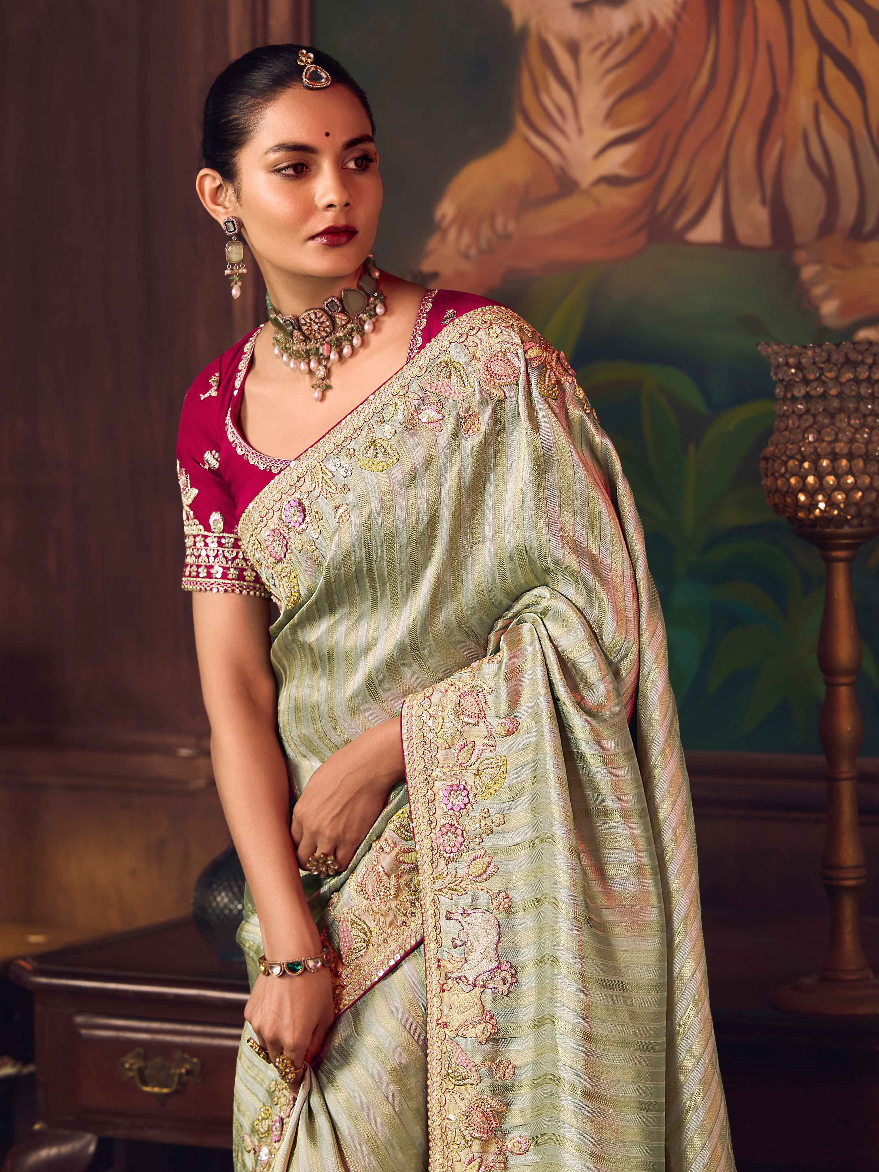 Beige Gold Silk Saree with Heavy Embroidered Detailing