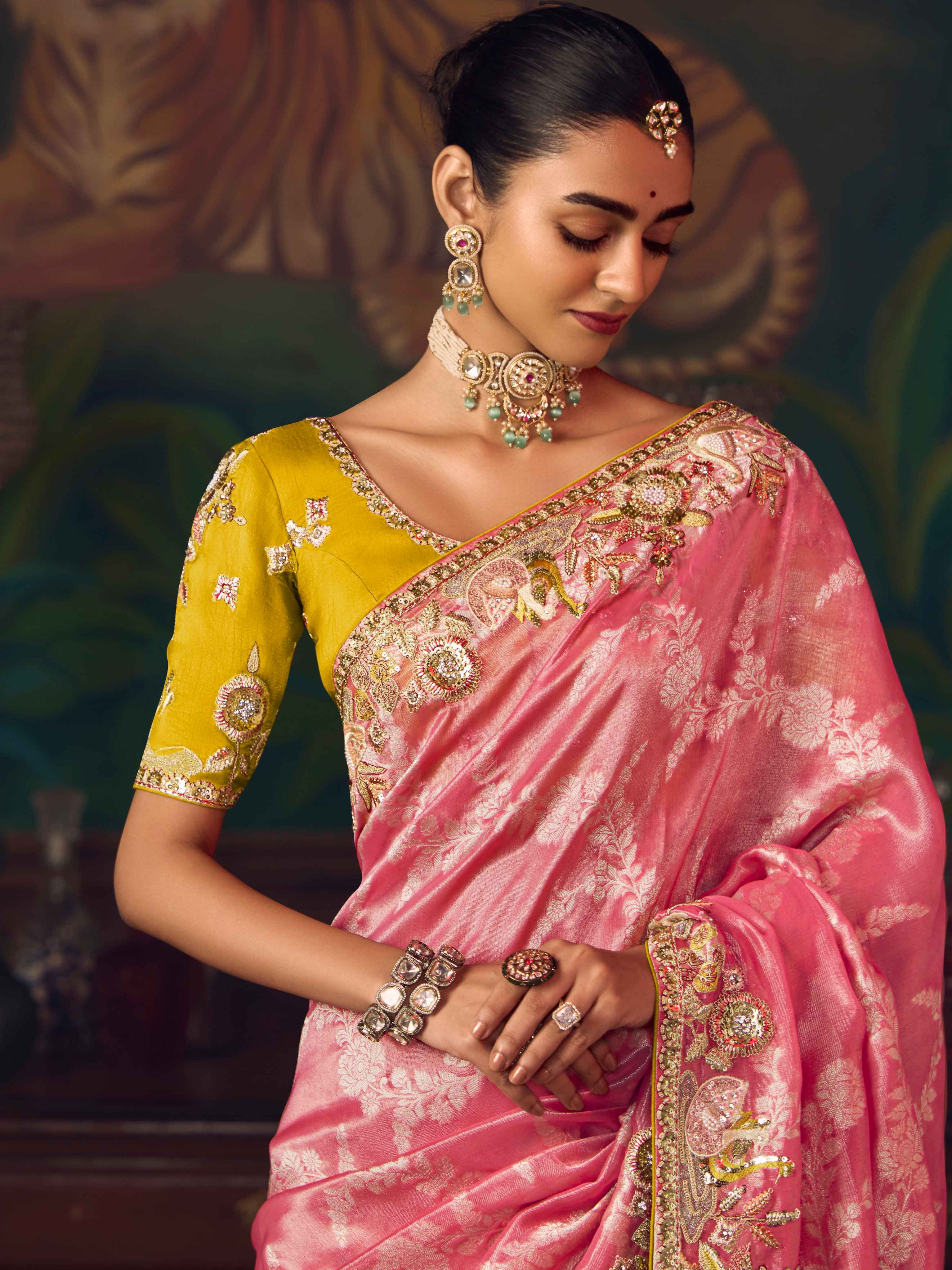 Coral Pink Silk Saree with Premium Heavy Embroidery