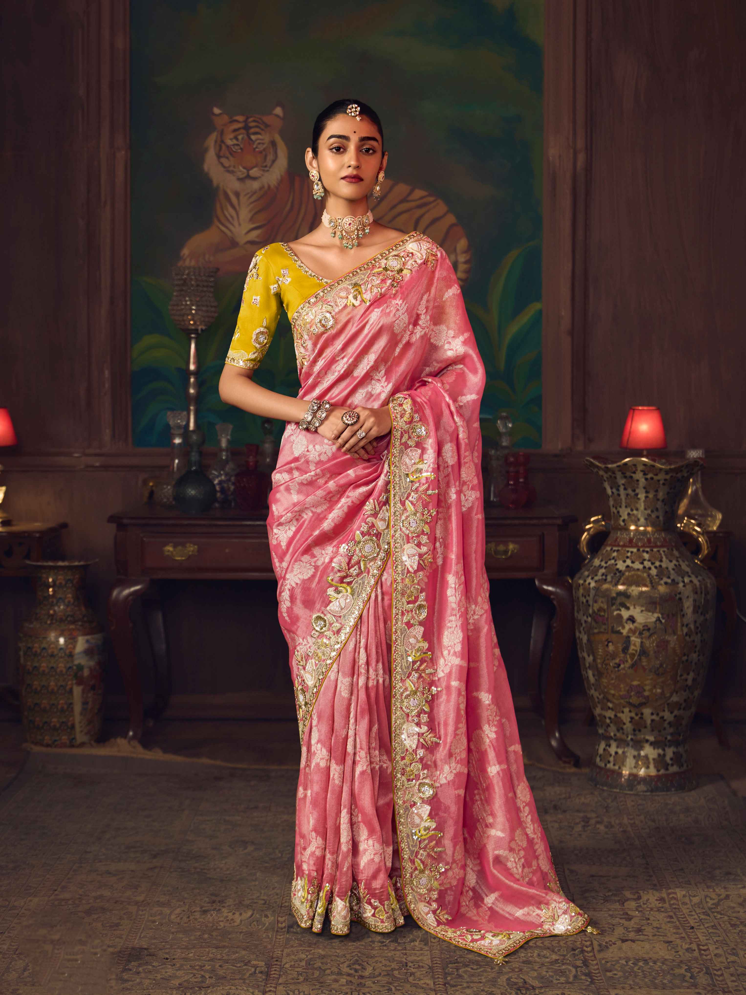 Coral Pink Silk Saree with Premium Heavy Embroidery