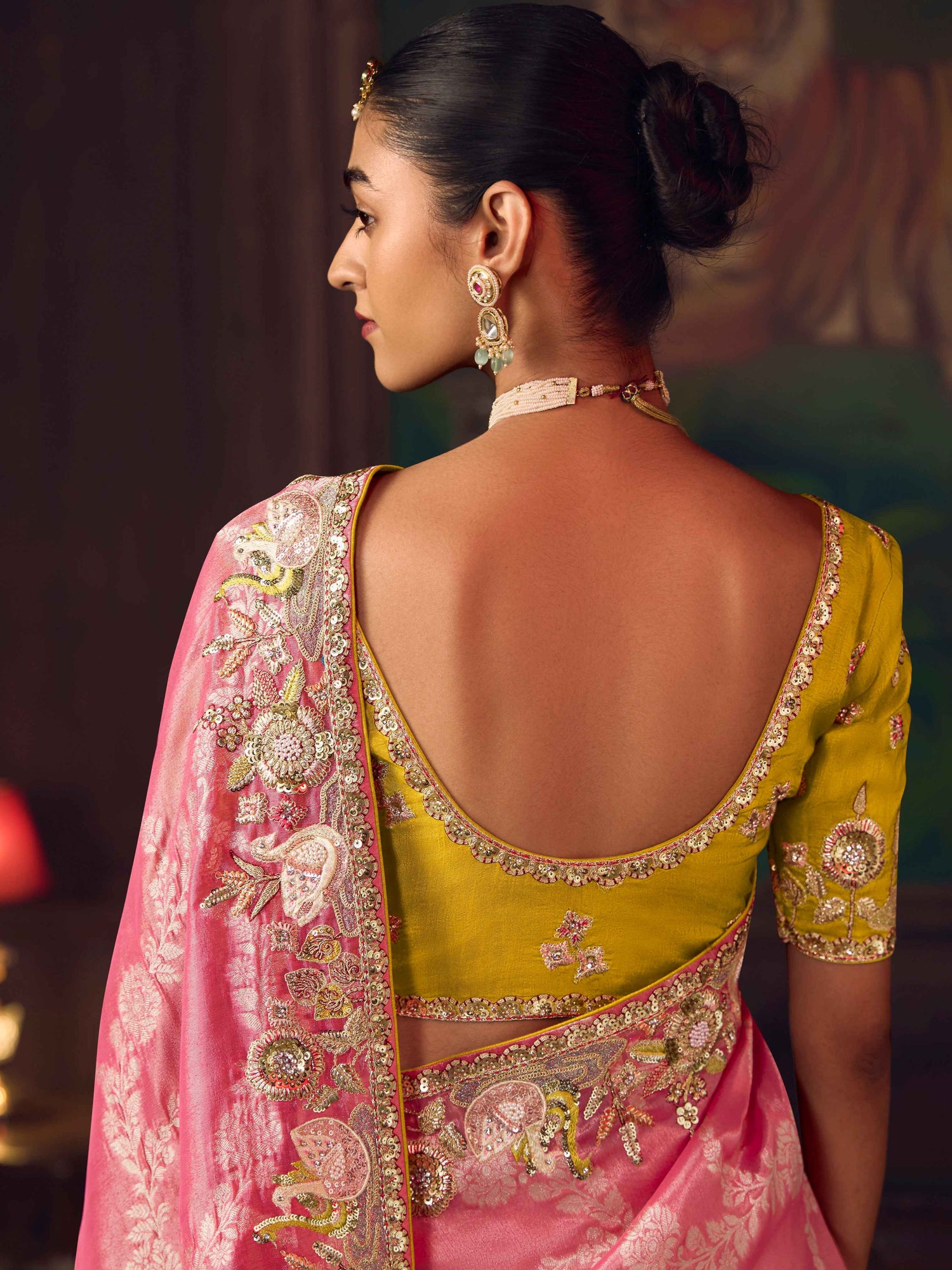 Coral Pink Silk Saree with Premium Heavy Embroidery