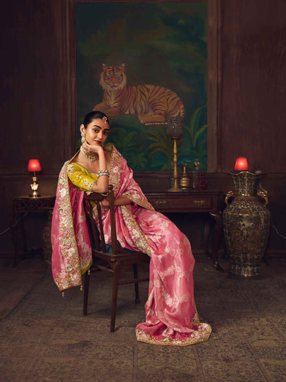 Coral Pink Silk Saree with Premium Heavy Embroidery