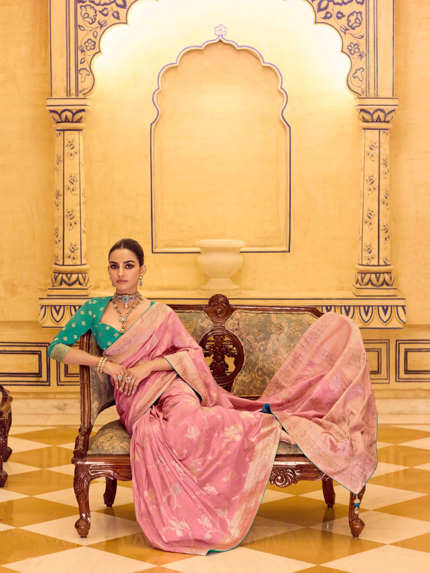 Peach Pink Crepe Silk Zari Woven Wedding Saree with Blouse